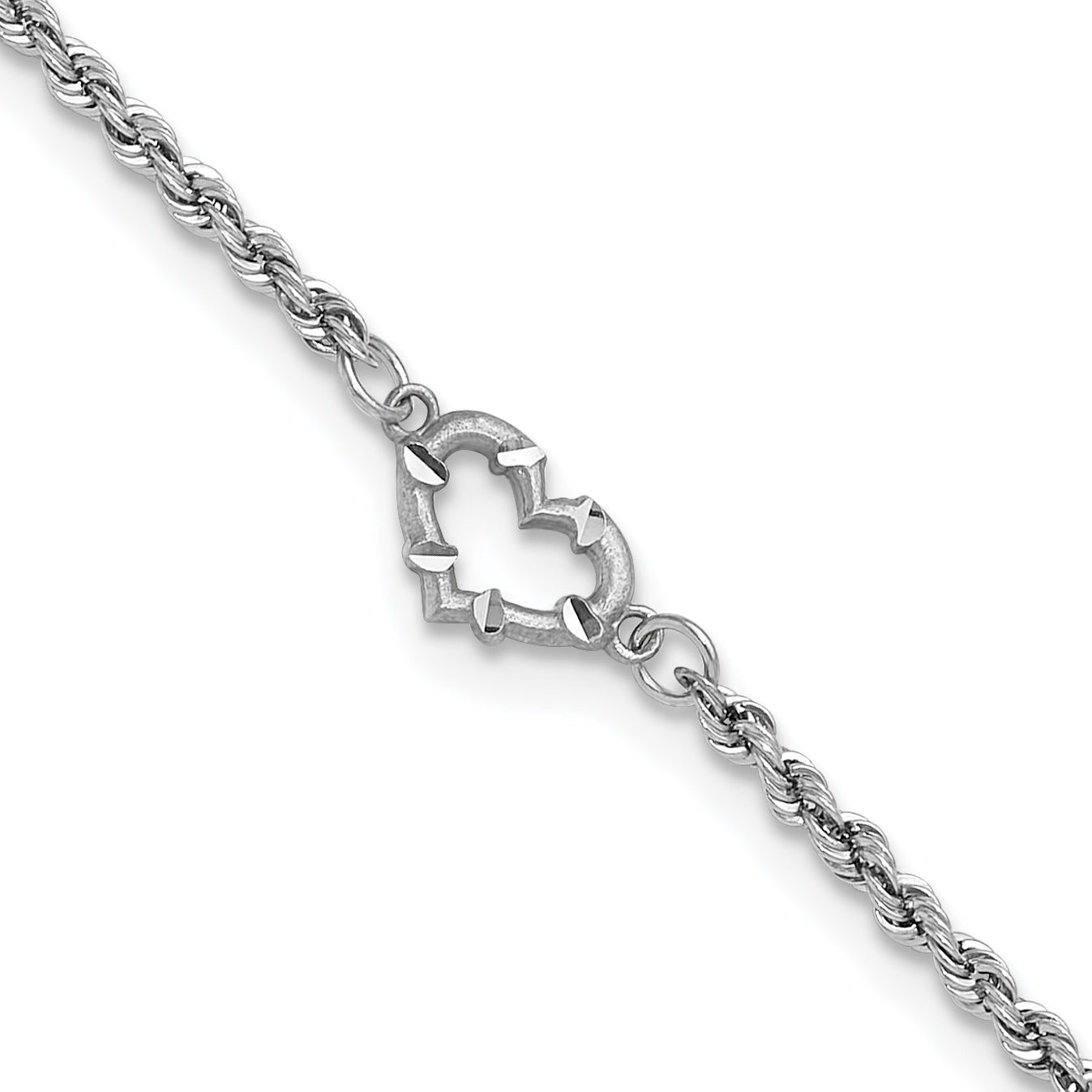 14k White Gold Diamond-cut Hollow Rope with Heart 9in Anklet