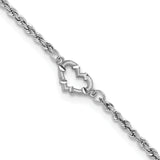 14k White Gold Diamond-cut Hollow Rope with Heart 9in Anklet