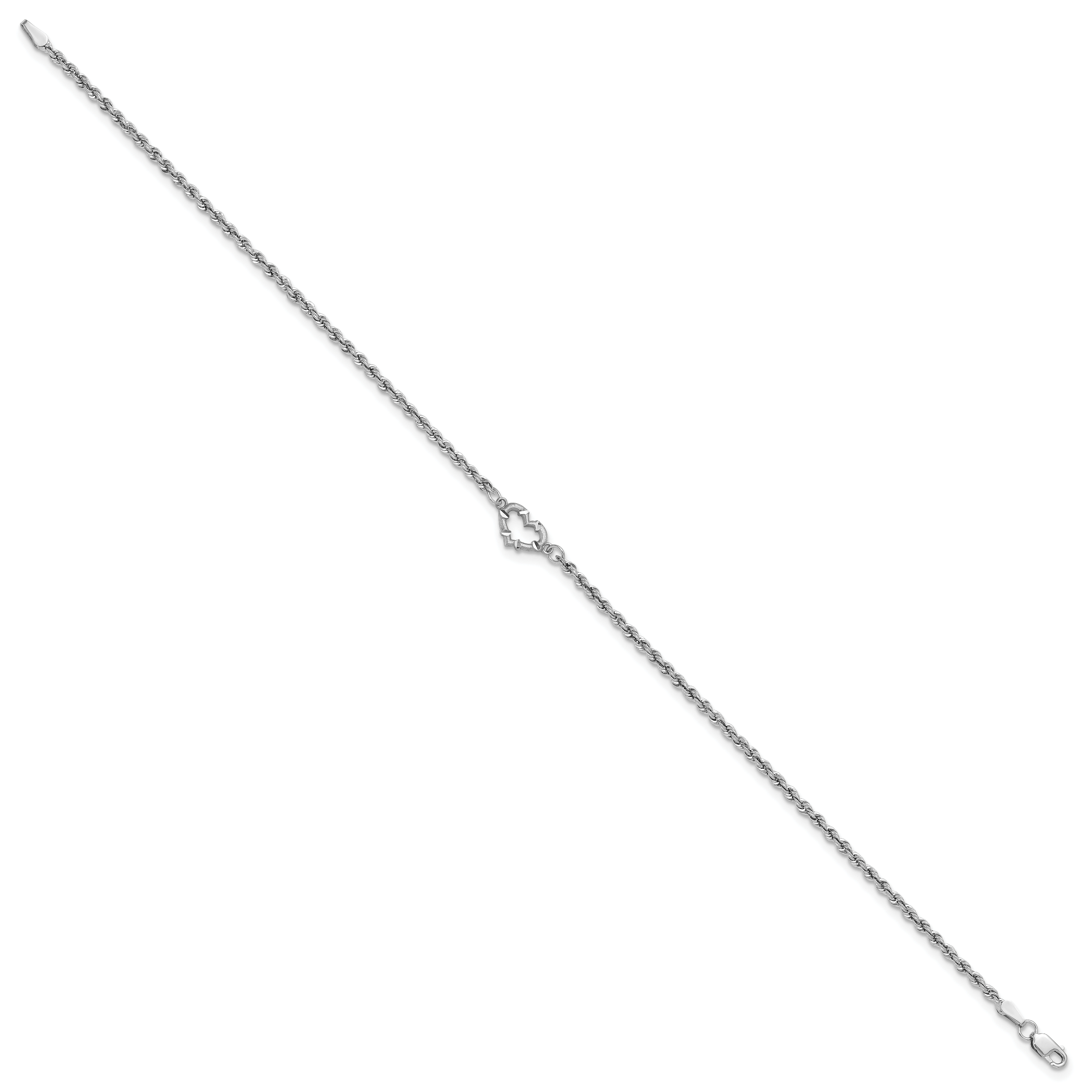 14k White Gold Diamond-cut Hollow Rope with Heart 9in Anklet