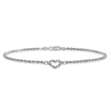 14k White Gold Diamond-cut Hollow Rope with Heart 9in Anklet