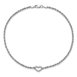 14k White Gold Diamond-cut Hollow Rope with Heart 9in Anklet