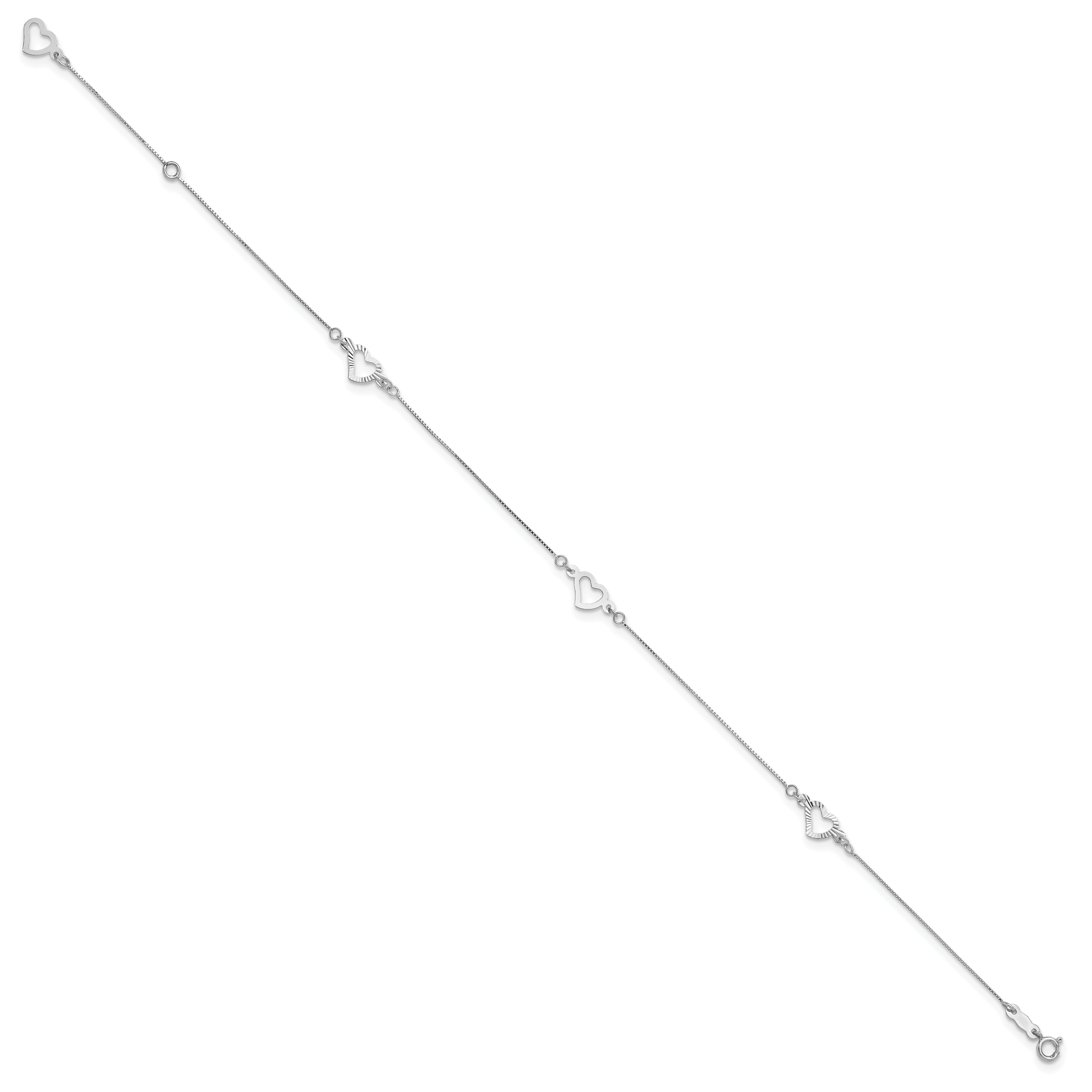 14K White Gold Fancy Heart 9in Plus 1in ext. Anklet