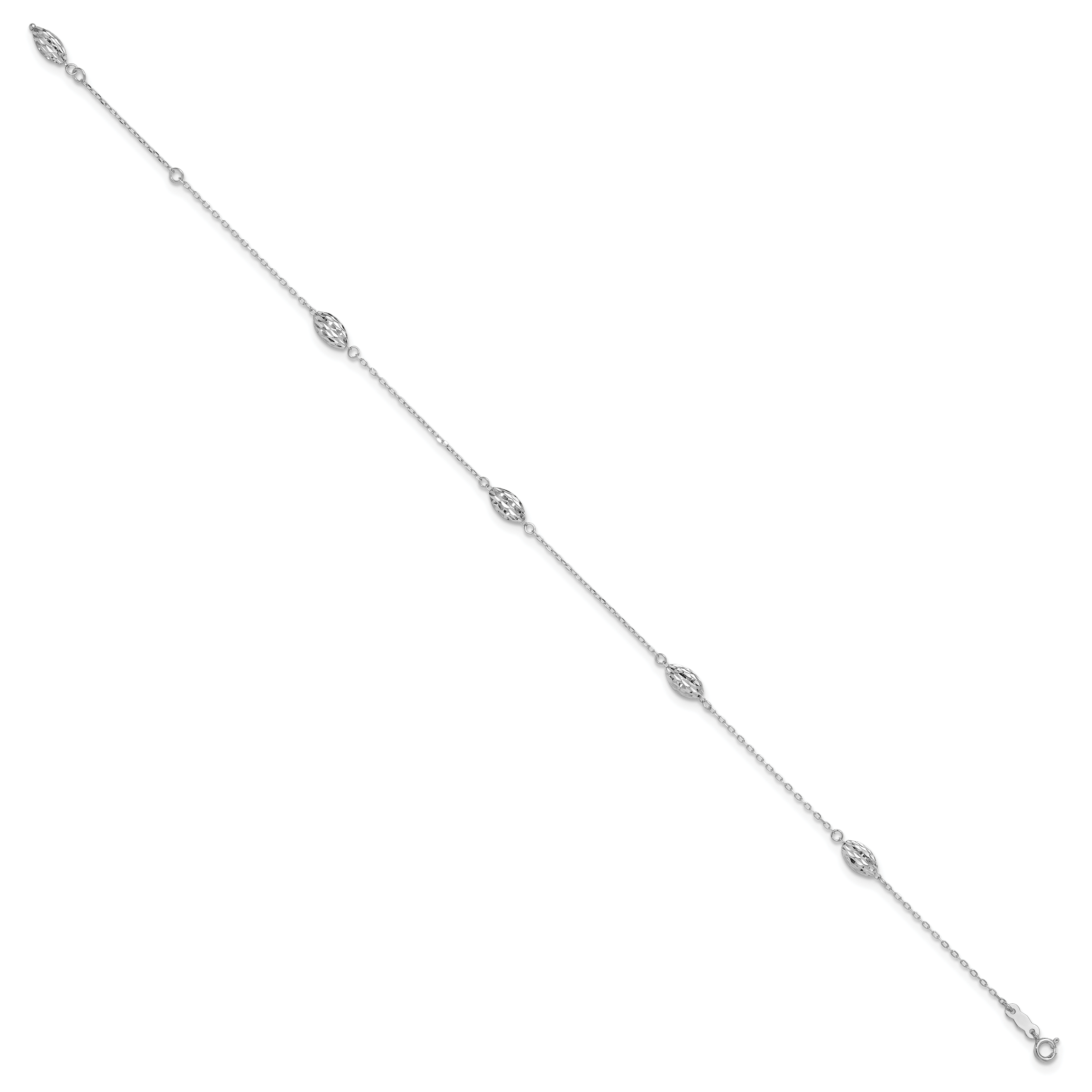 14k White Gold Puffed Rice Bead 9in Plus 1in ext. Anklet