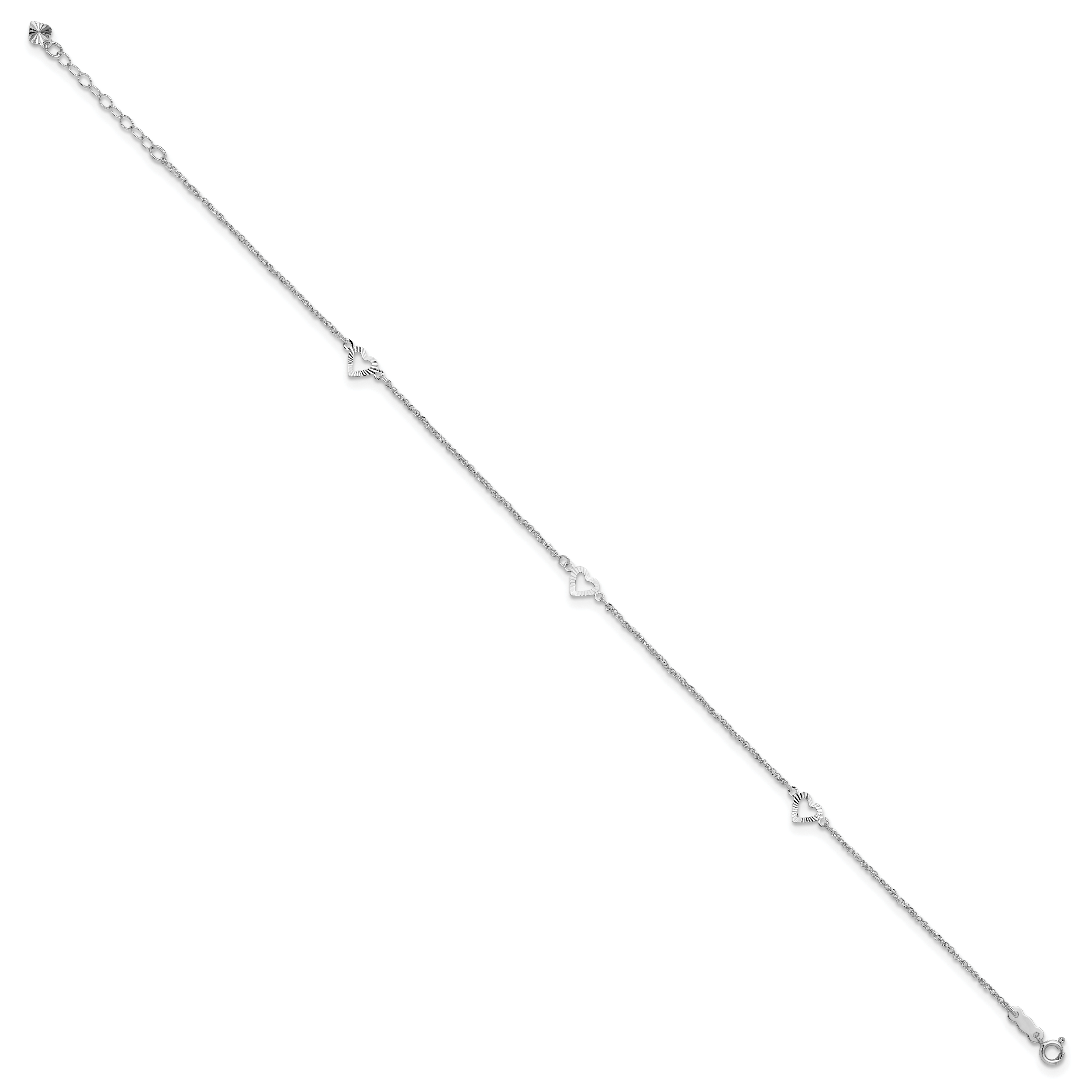 14k White Gold Diamond-cut Hearts 9in Plus 1in ext Anklet