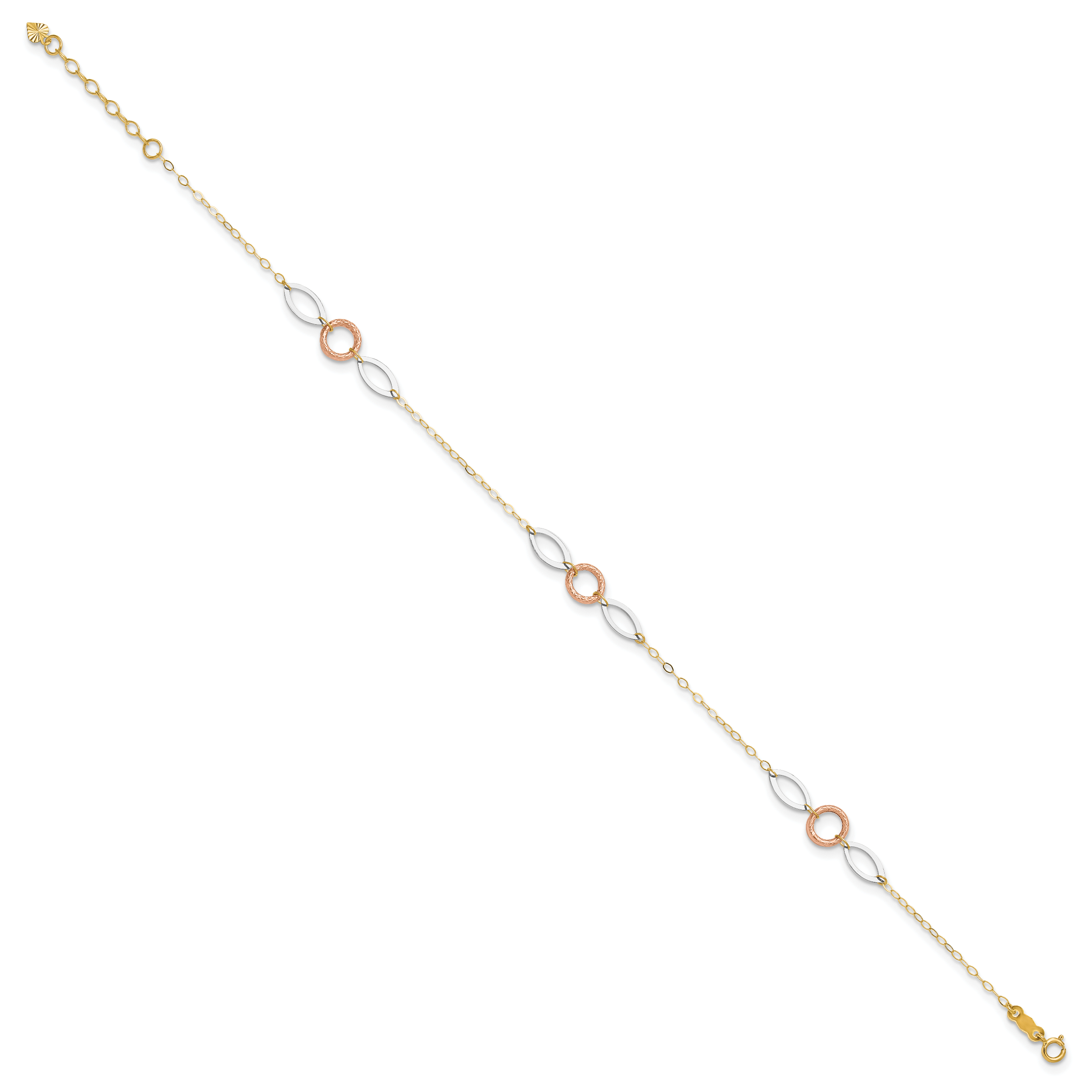 14k Tri-color Circle and Oval 9in Plus 1in ext. Anklet