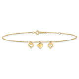 14k 3 Hearts 9in Plus 1in Extension Anklet
