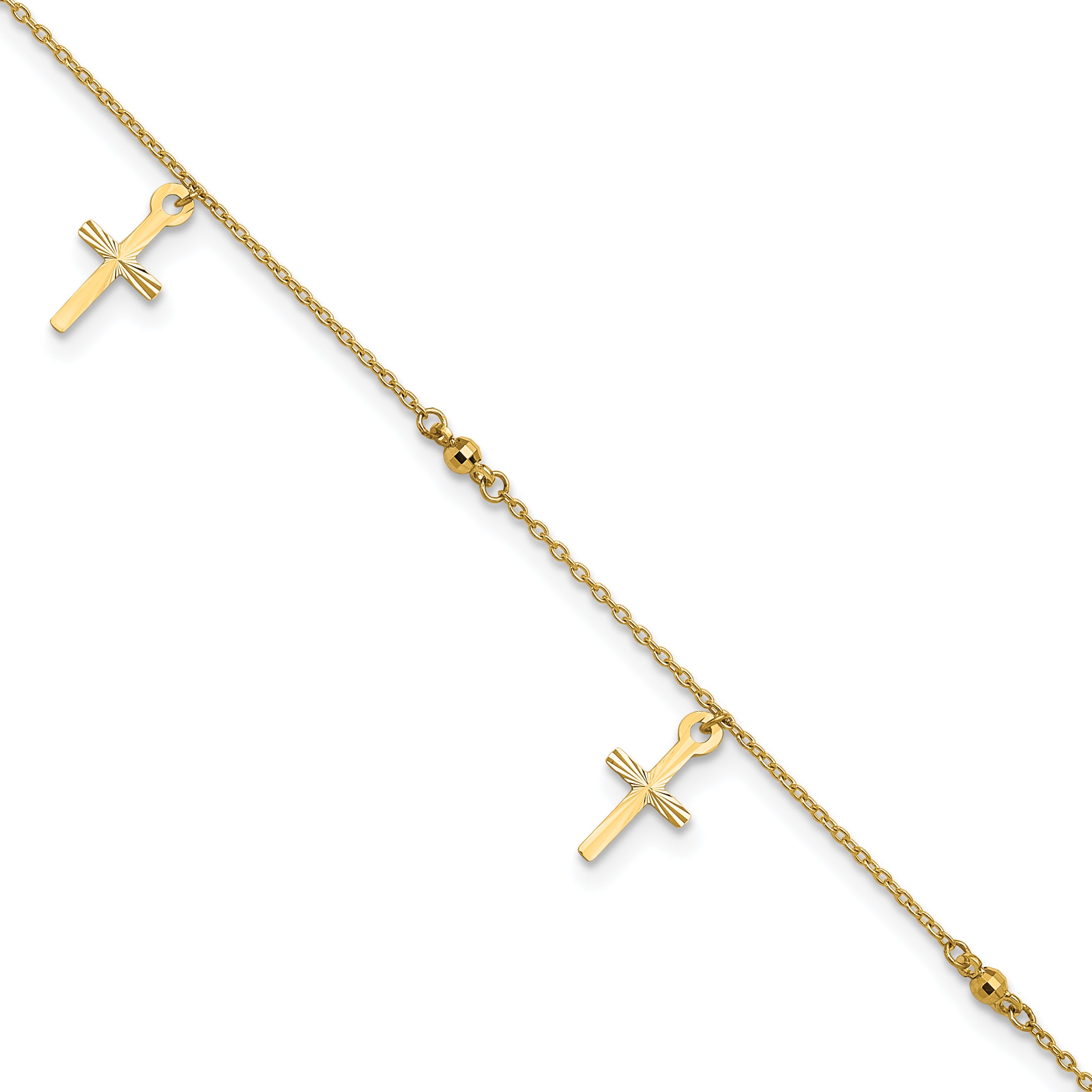 14k Polished and Diamond-cut Cross 9in Plus 1in ext. Anklet