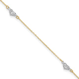 14k Two-tone Polished D/C Triple Hearts 9in w/1in. Ext. Anklet