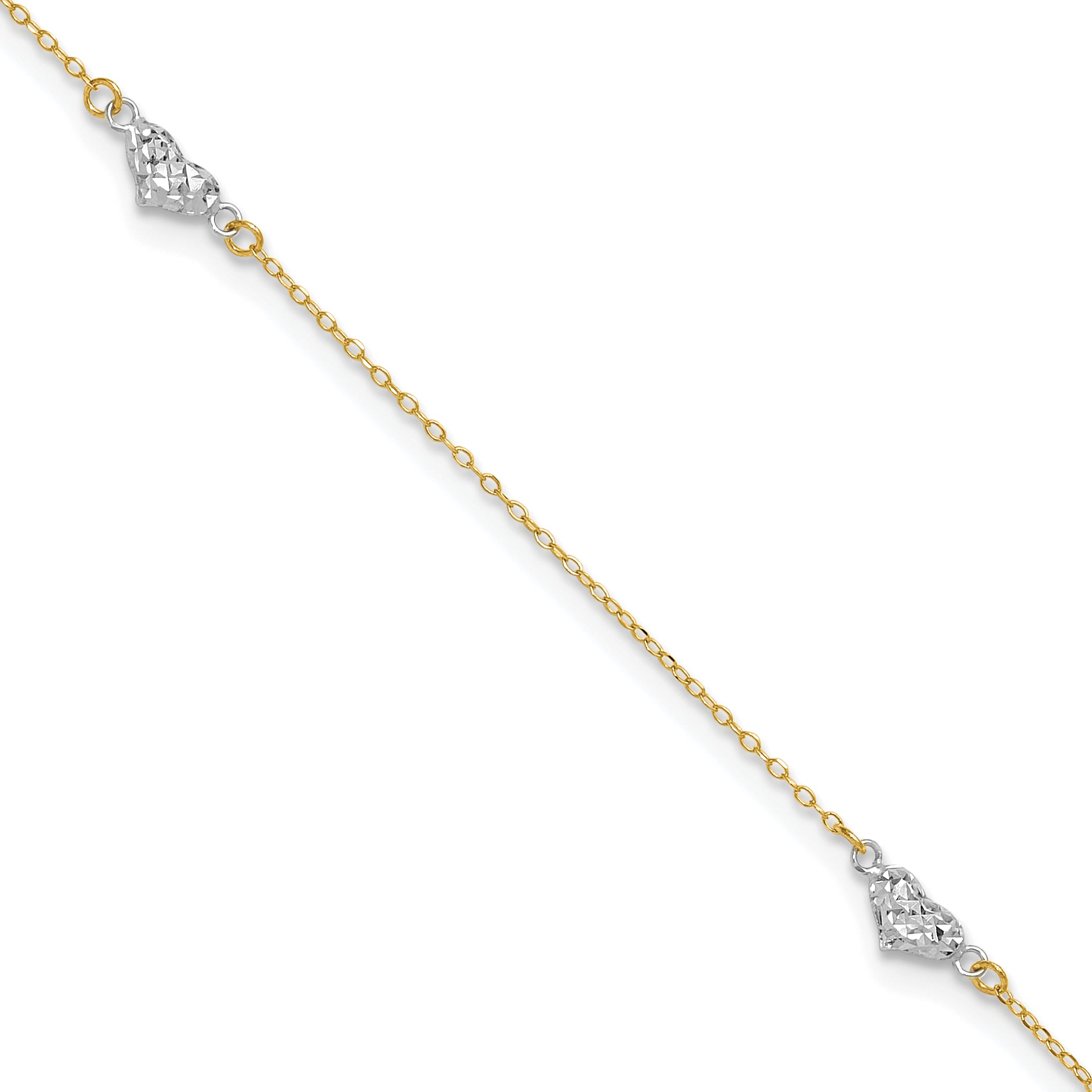 14k Two-tone Polished D/C Triple Hearts 9in w/1in. Ext. Anklet