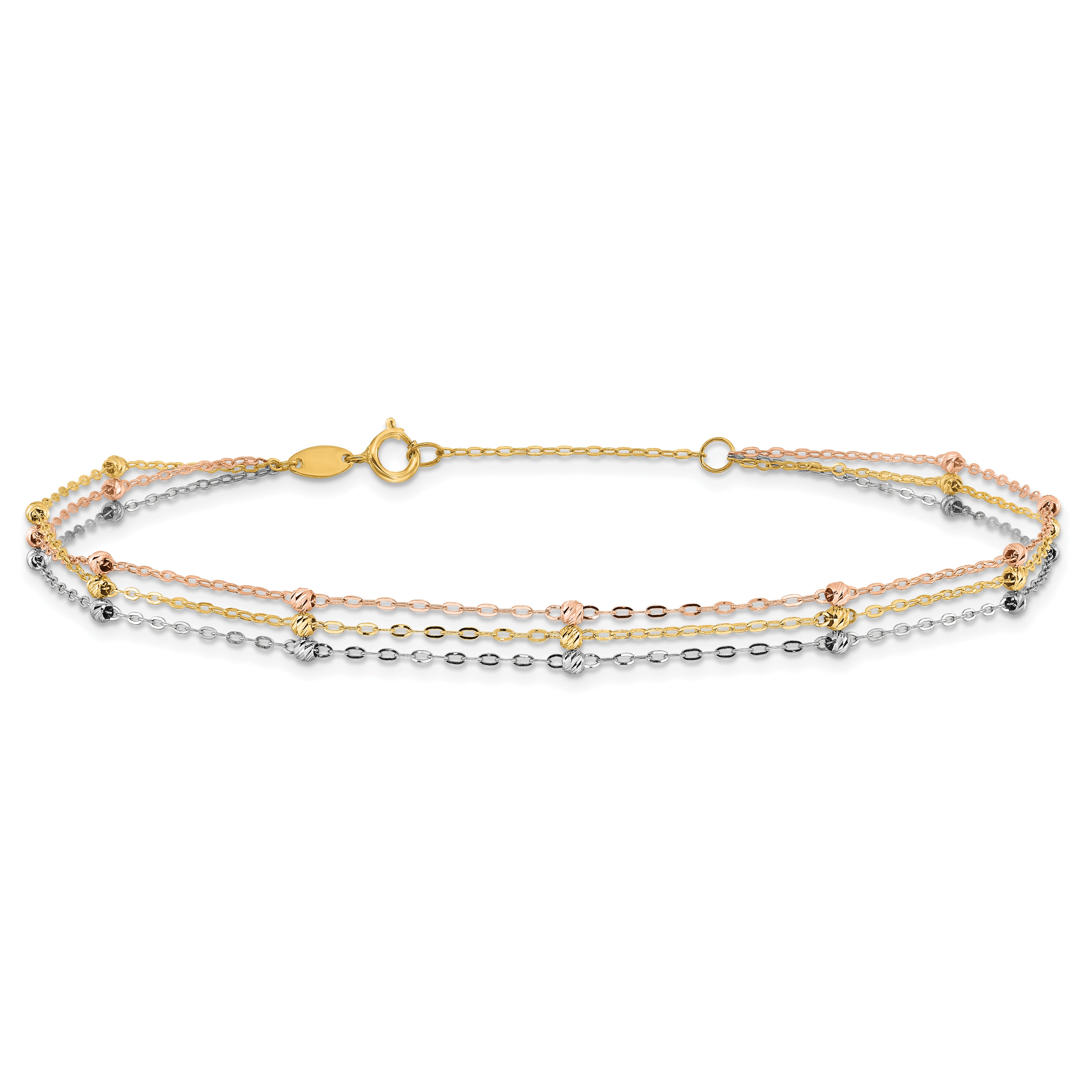 14k Tri-color 3-Strand Diamond-cut Beaded 9in Plus 1in ext Anklet