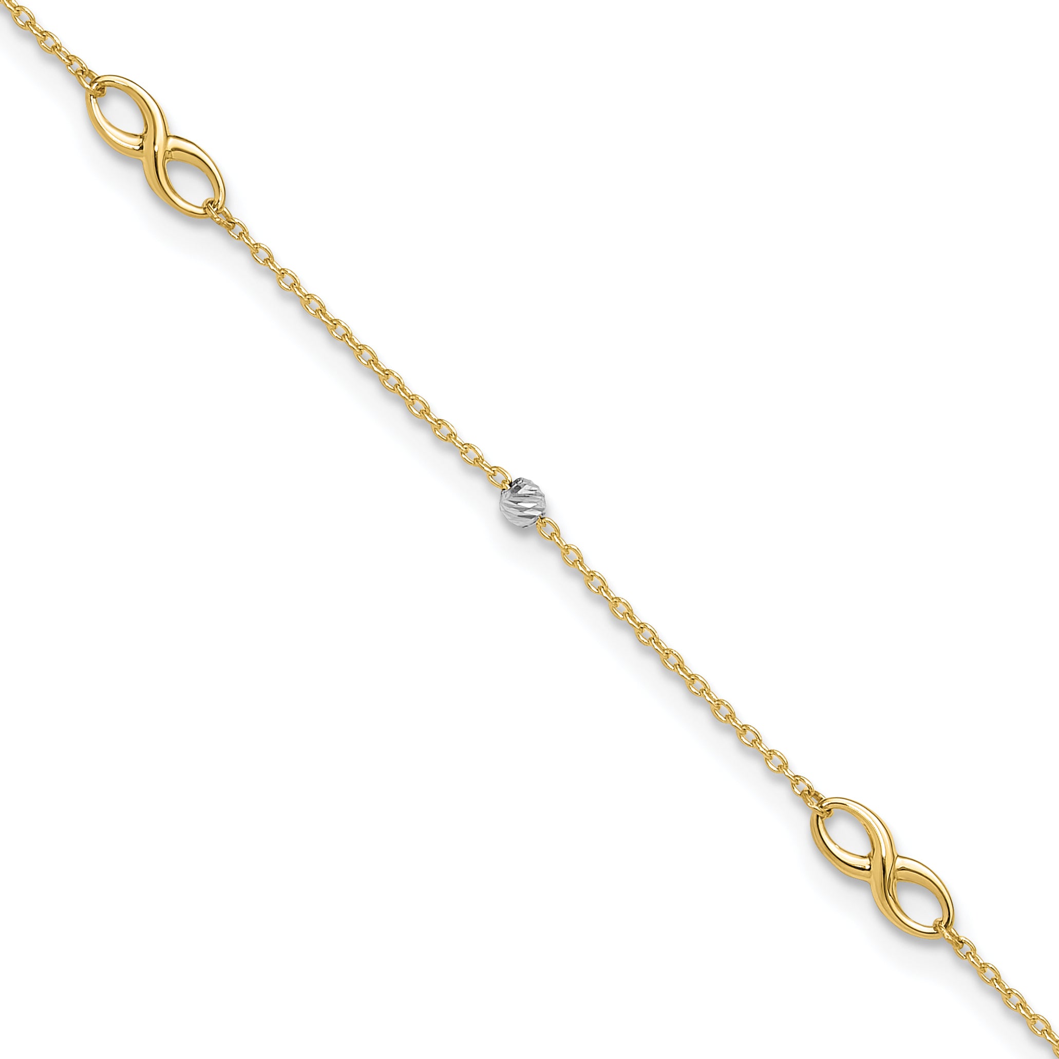 14K Two-Tone Diamond-cut Beads and Infinity 10in Plus 1in ext. Anklet