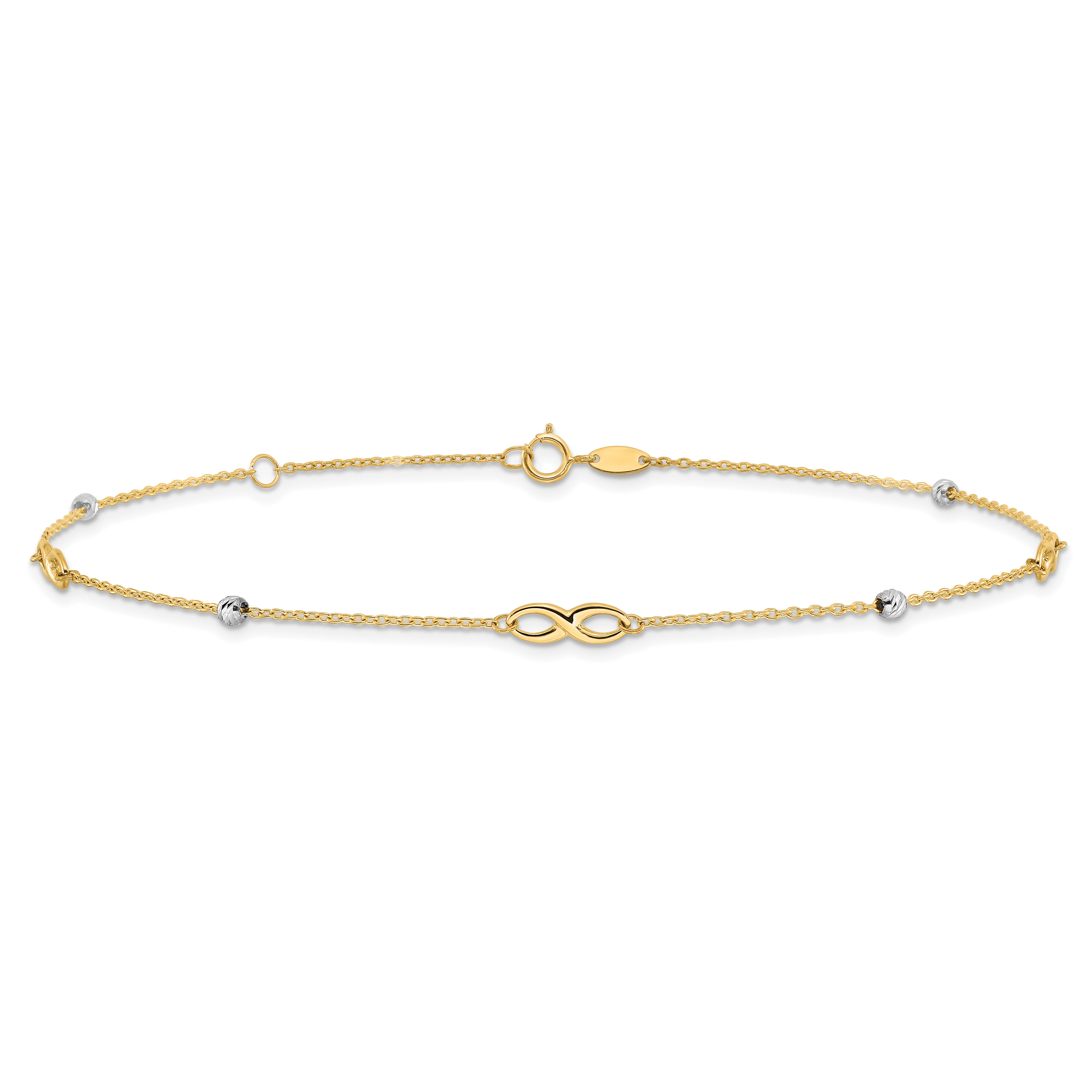 14K Two-Tone Diamond-cut Beads and Infinity 10in Plus 1in ext. Anklet