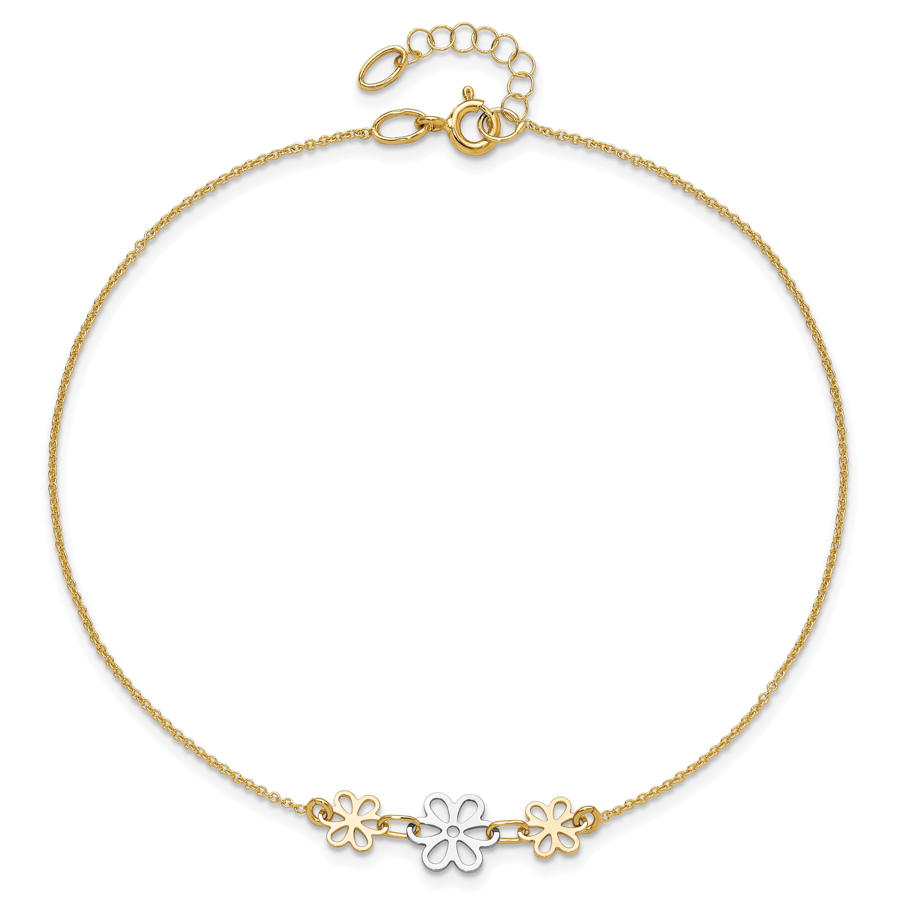 14K Two-tone Polished Three Flower 9in Plus 1in ext Anklet