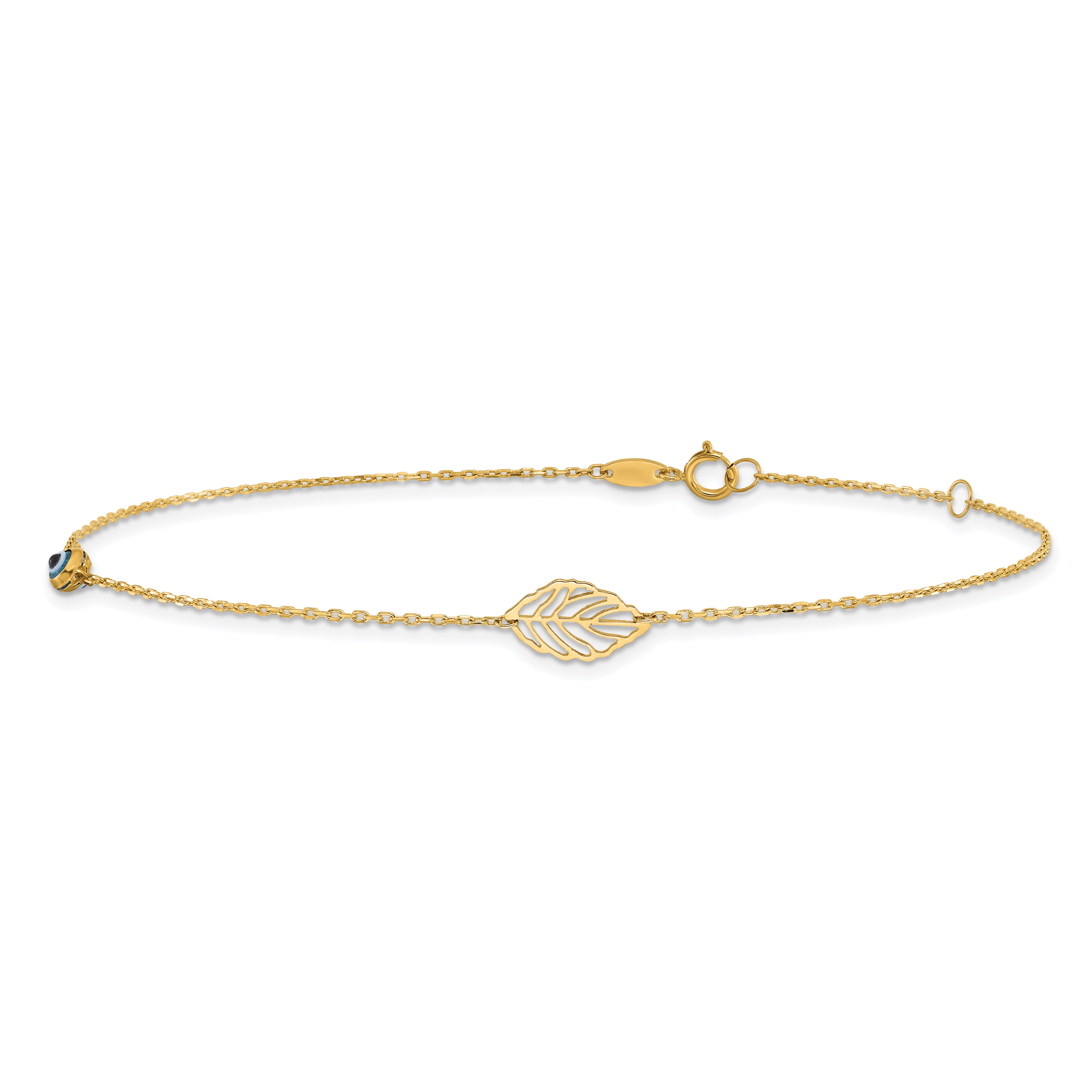 14k Leaf and Glass Eye Bead 9in Plus 1in Ext  Anklet