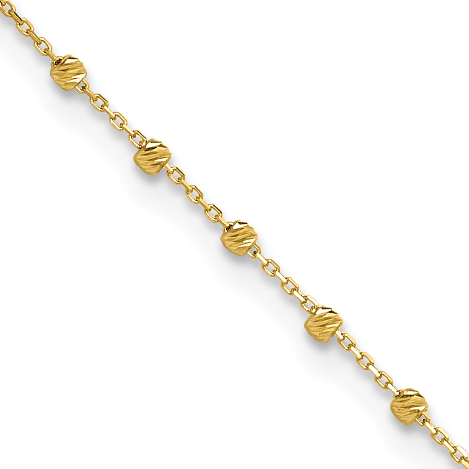 14K Polished Diamond-cut Beaded 9in Plus .75in ext. Anklet