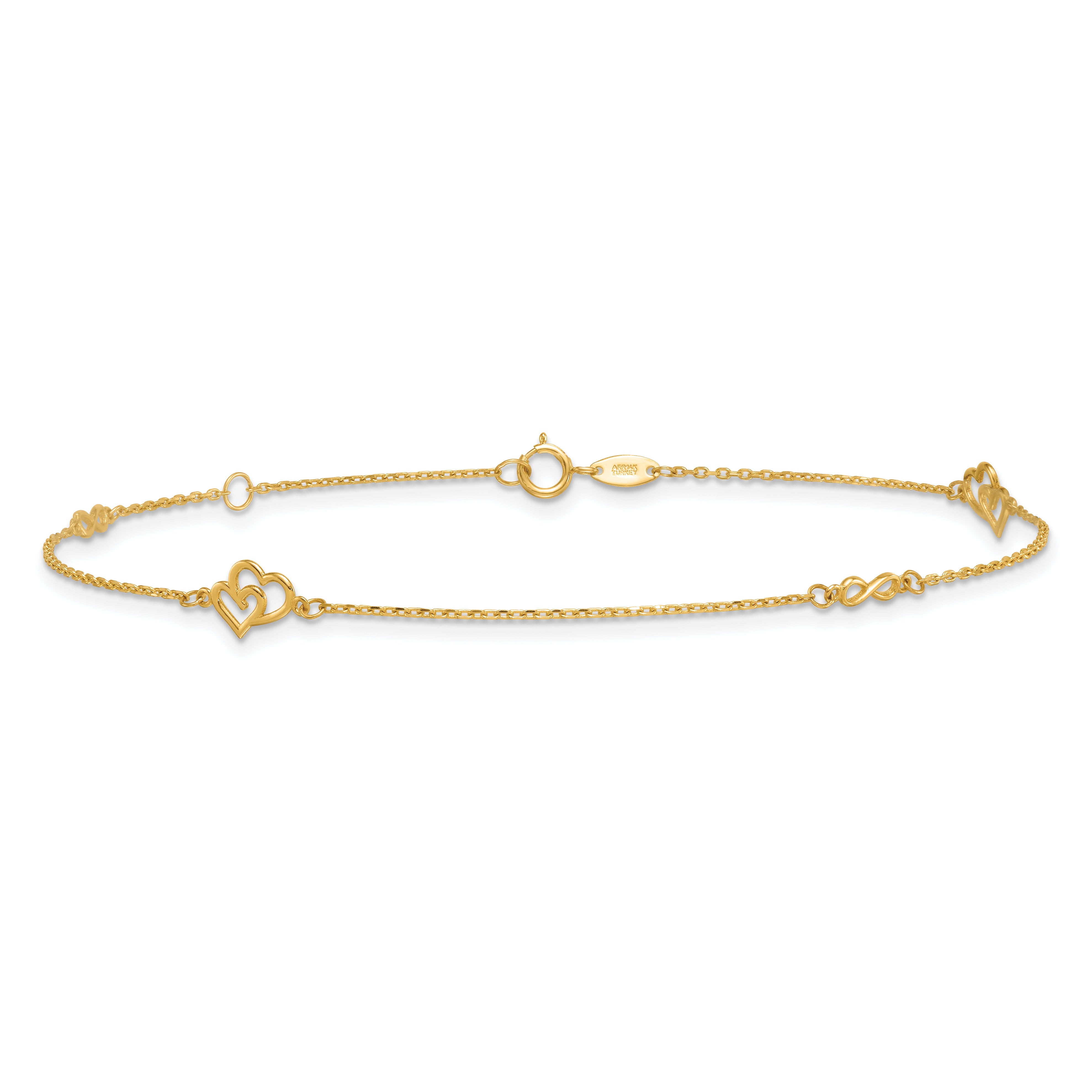 14k Polished Hearts and Infinity 9in Plus 1in ext. Anklet