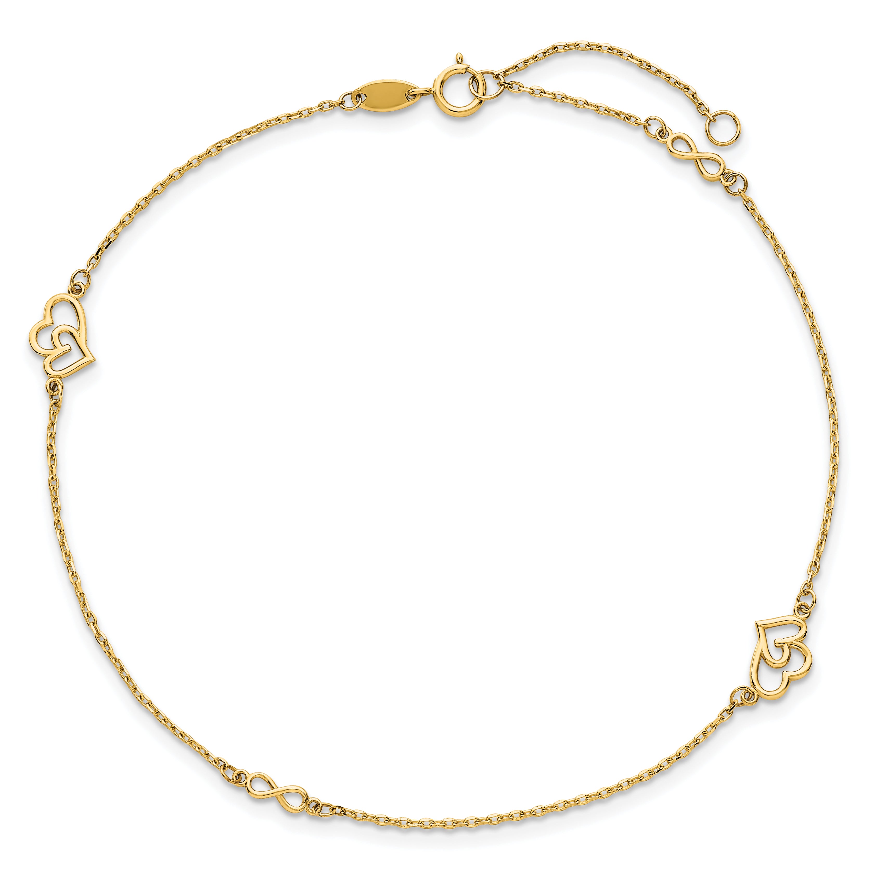 14k Polished Hearts and Infinity 9in Plus 1in ext. Anklet