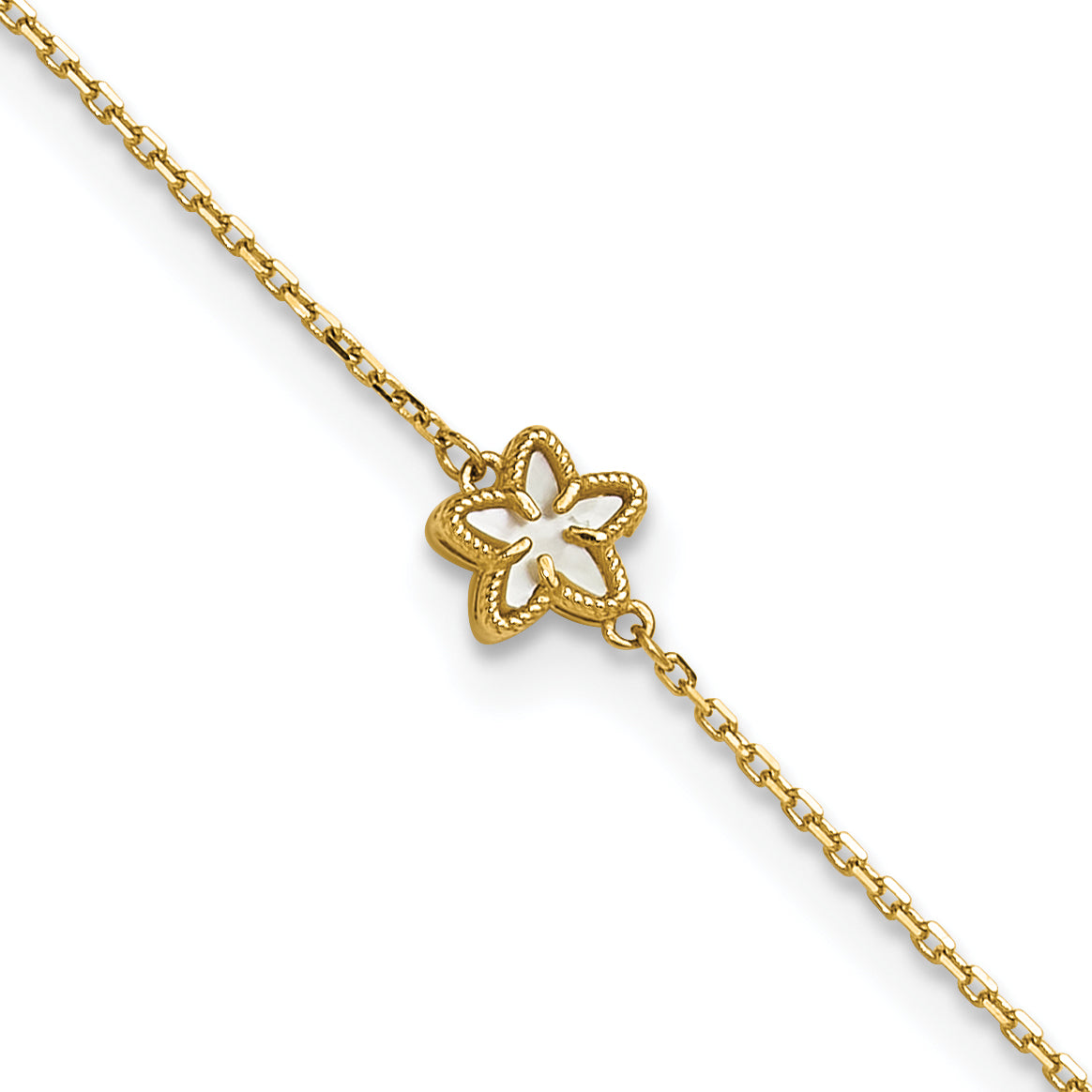 14K Polished Mother of Pearl Flower 9in Plus 1in ext. Anklet