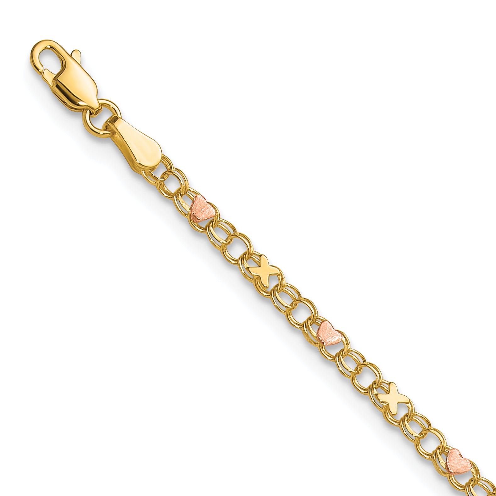 14k and Rose Xs and Hearts 9in Anklet