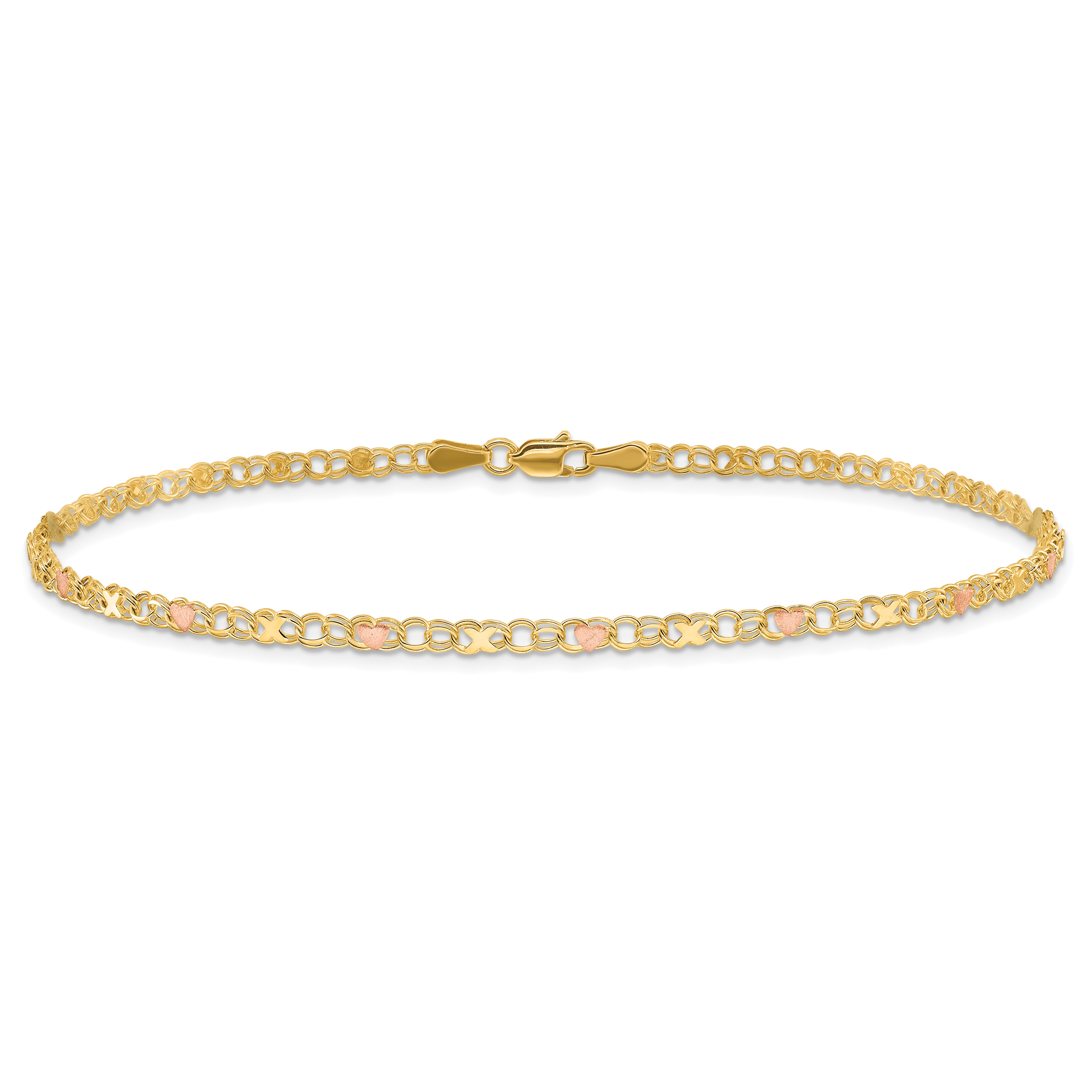 14k and Rose Xs and Hearts 9in Anklet