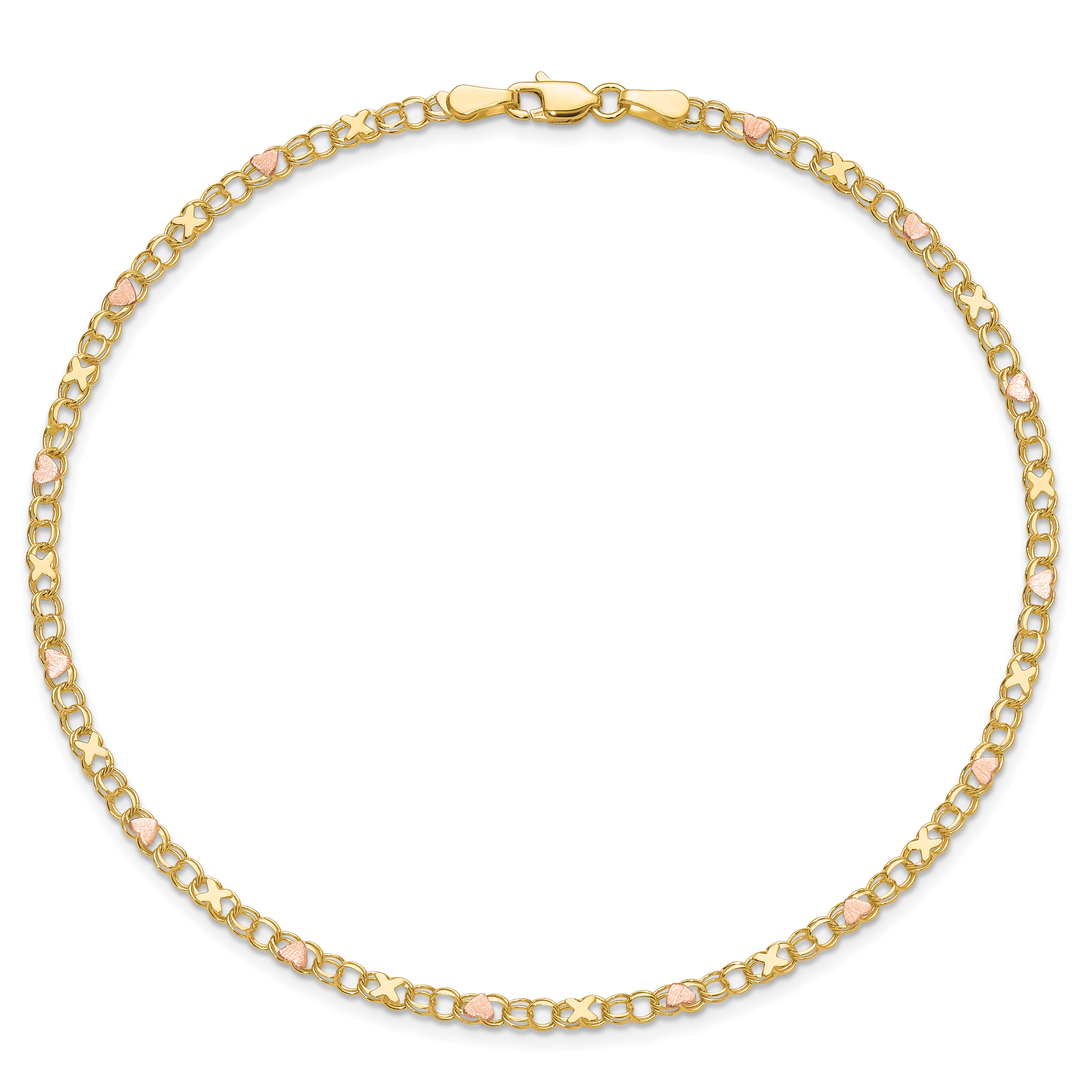 14k and Rose Xs and Hearts 9in Anklet