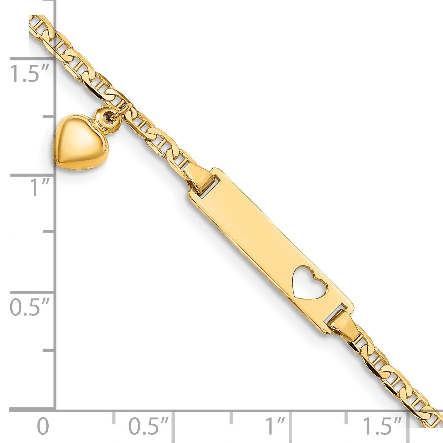 14k Cut-out Heart w/Dangling Heart Childrens Anchor Link ID Bracelet