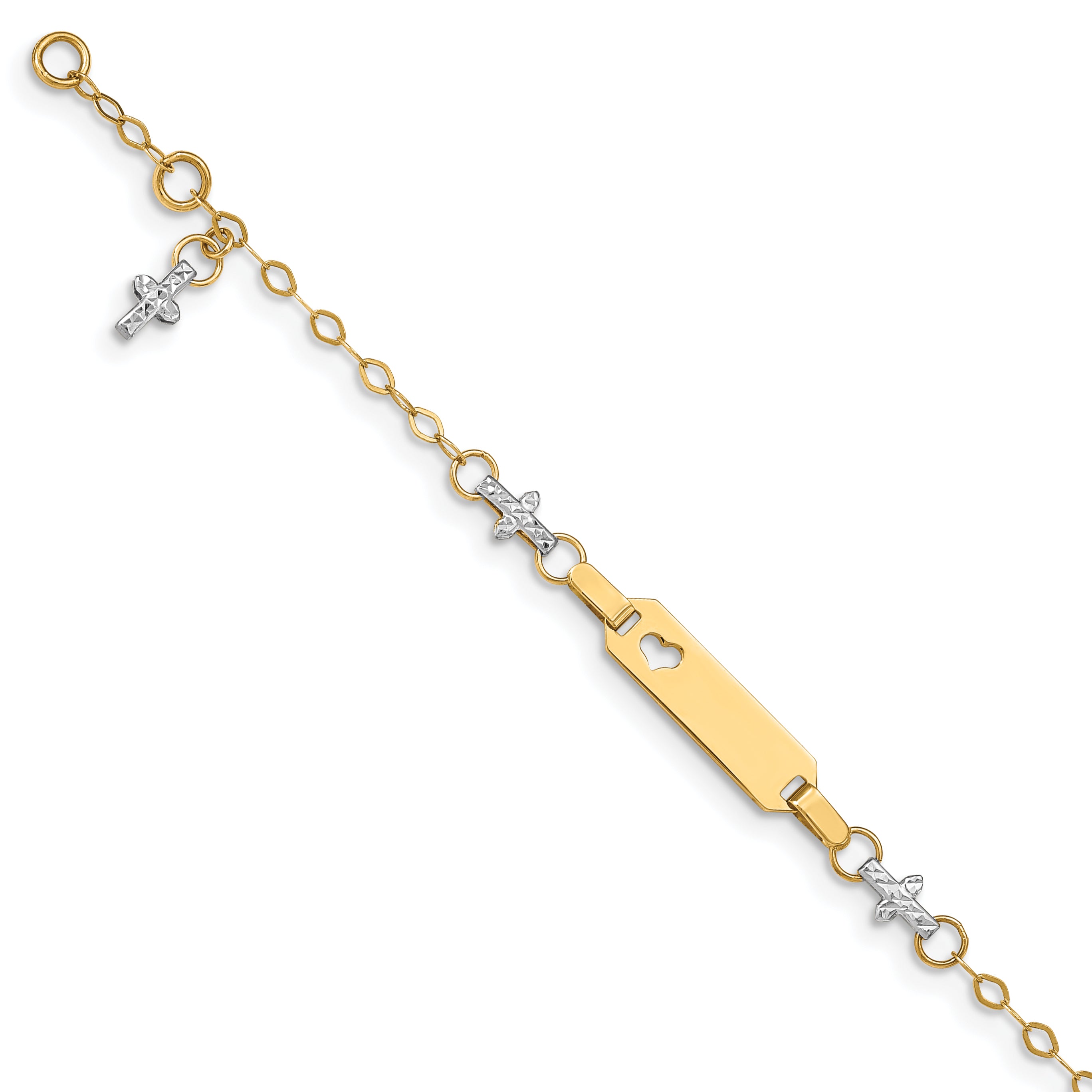 14K Two-tone Baby Polished and Textured Cross w/1in ext. ID Bracelet