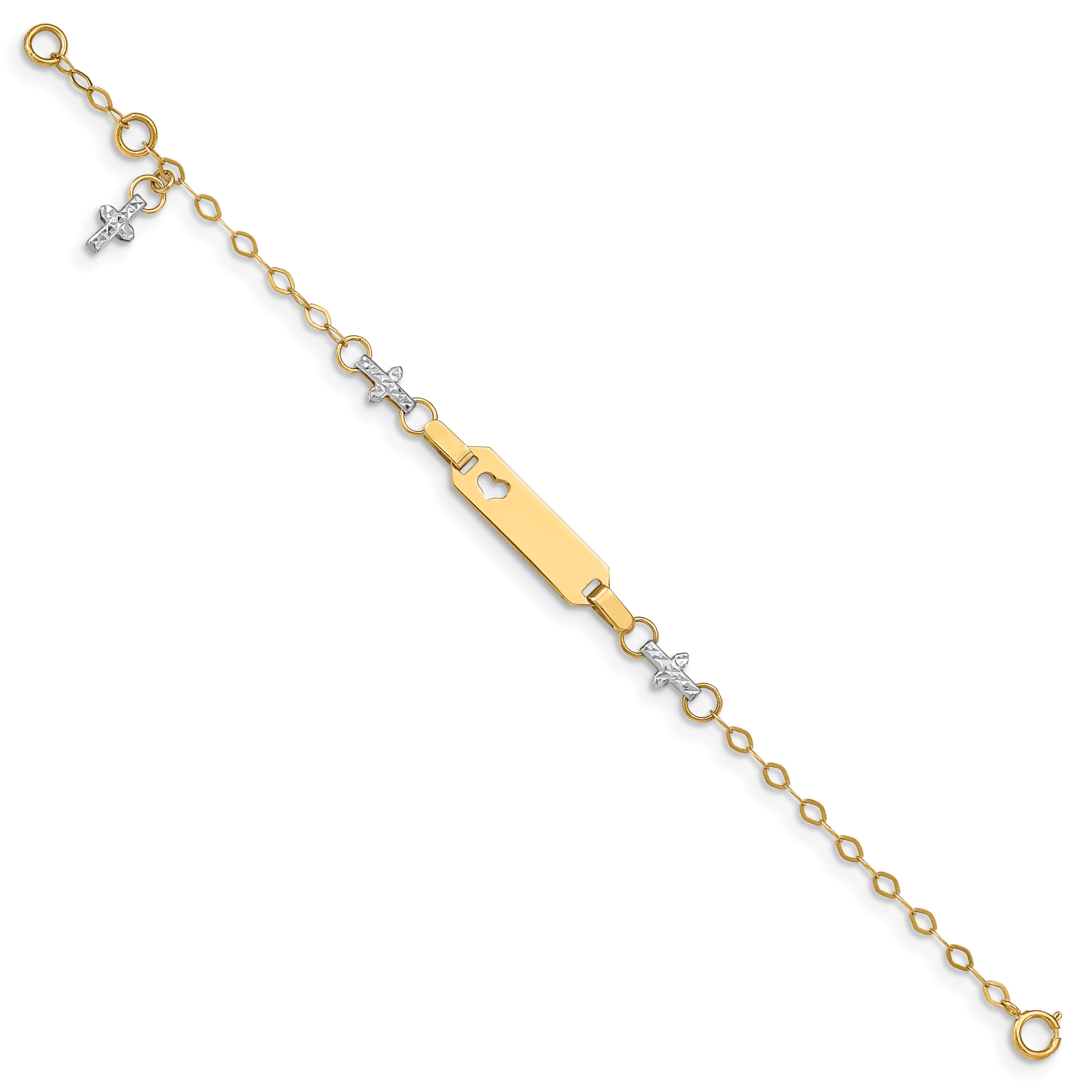 14K Two-tone Baby Polished and Textured Cross w/1in ext. ID Bracelet