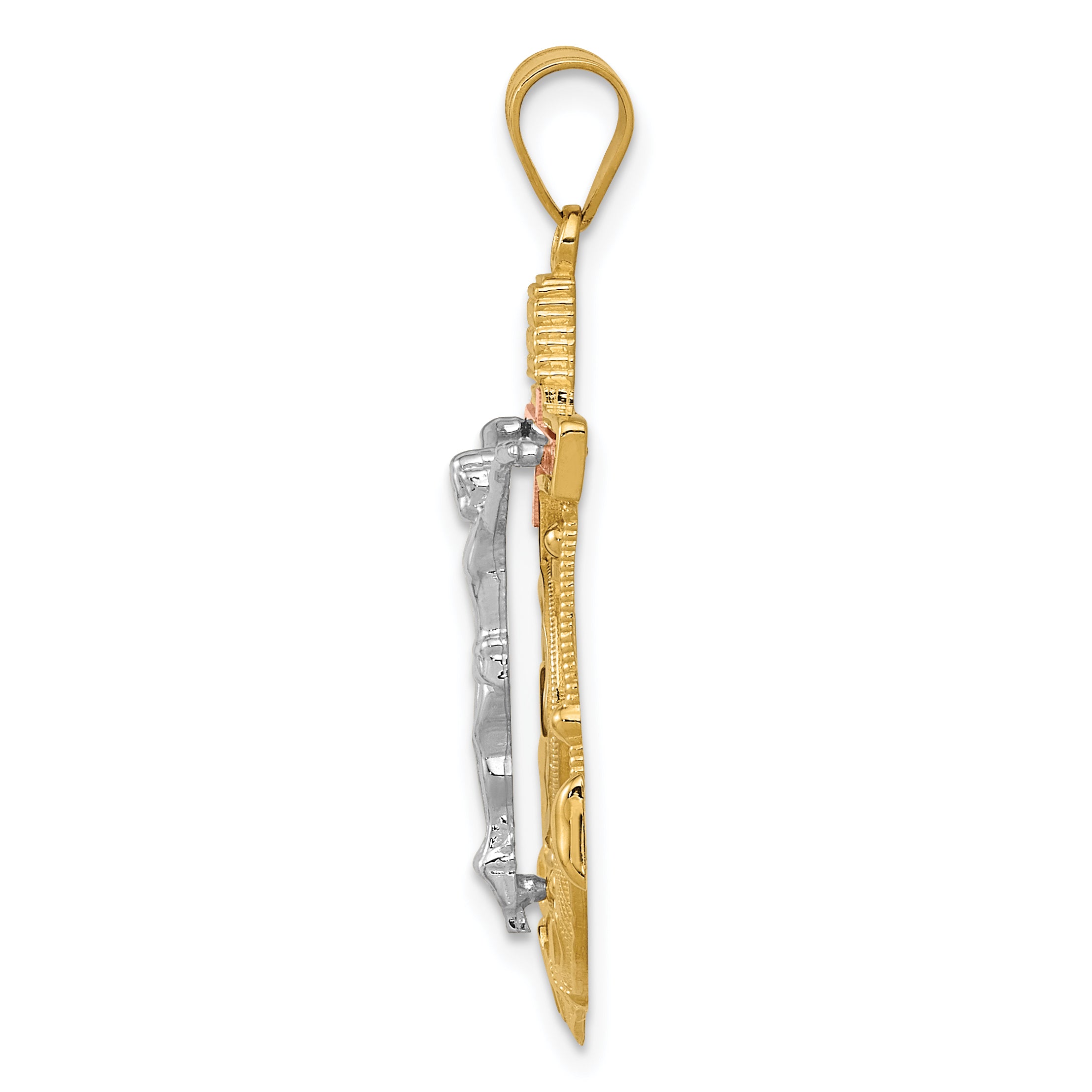 14k Tri-color Diamond-cut w/Textured Mariners Crucifix Pendant