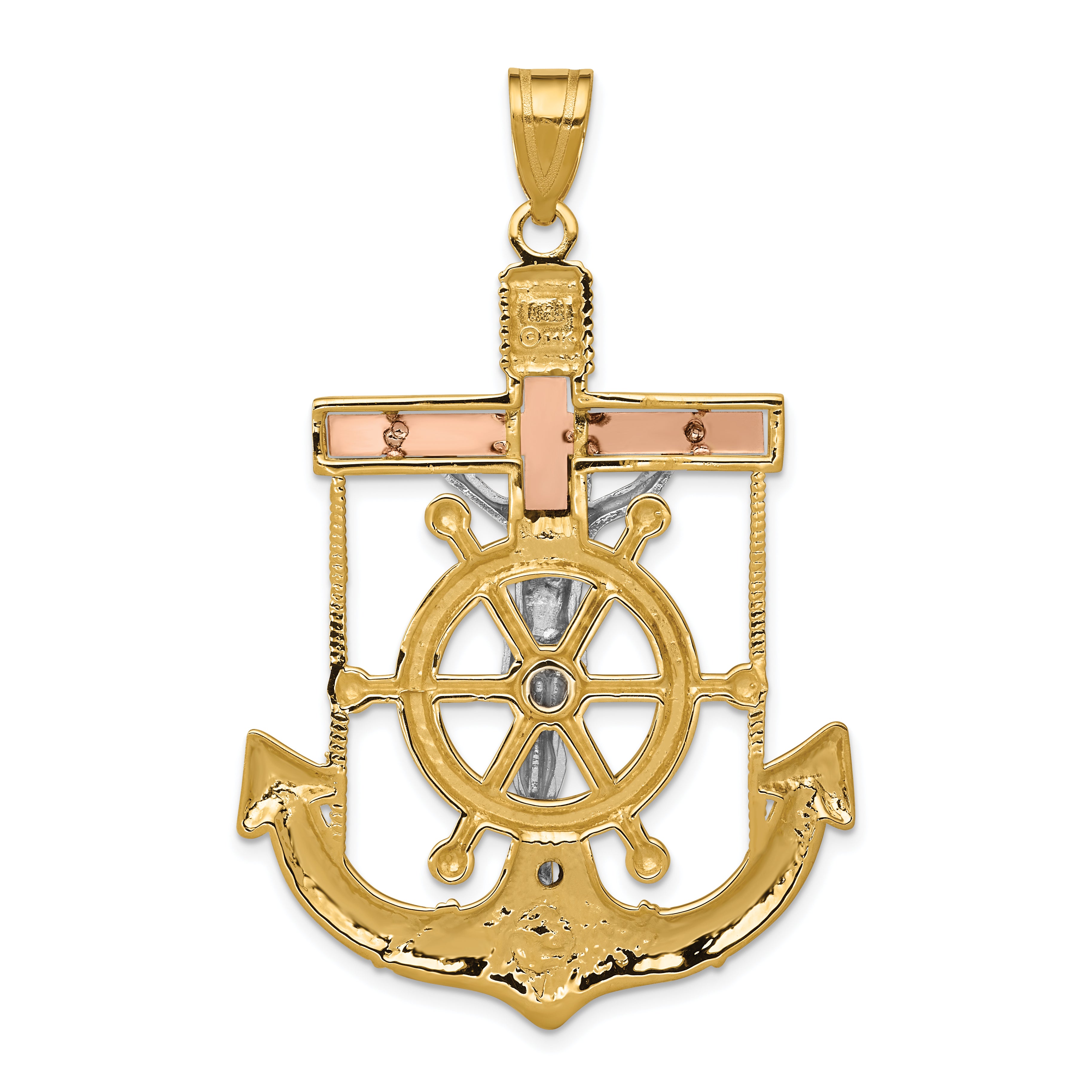14k Tri-color Diamond-cut w/Textured Mariners Crucifix Pendant