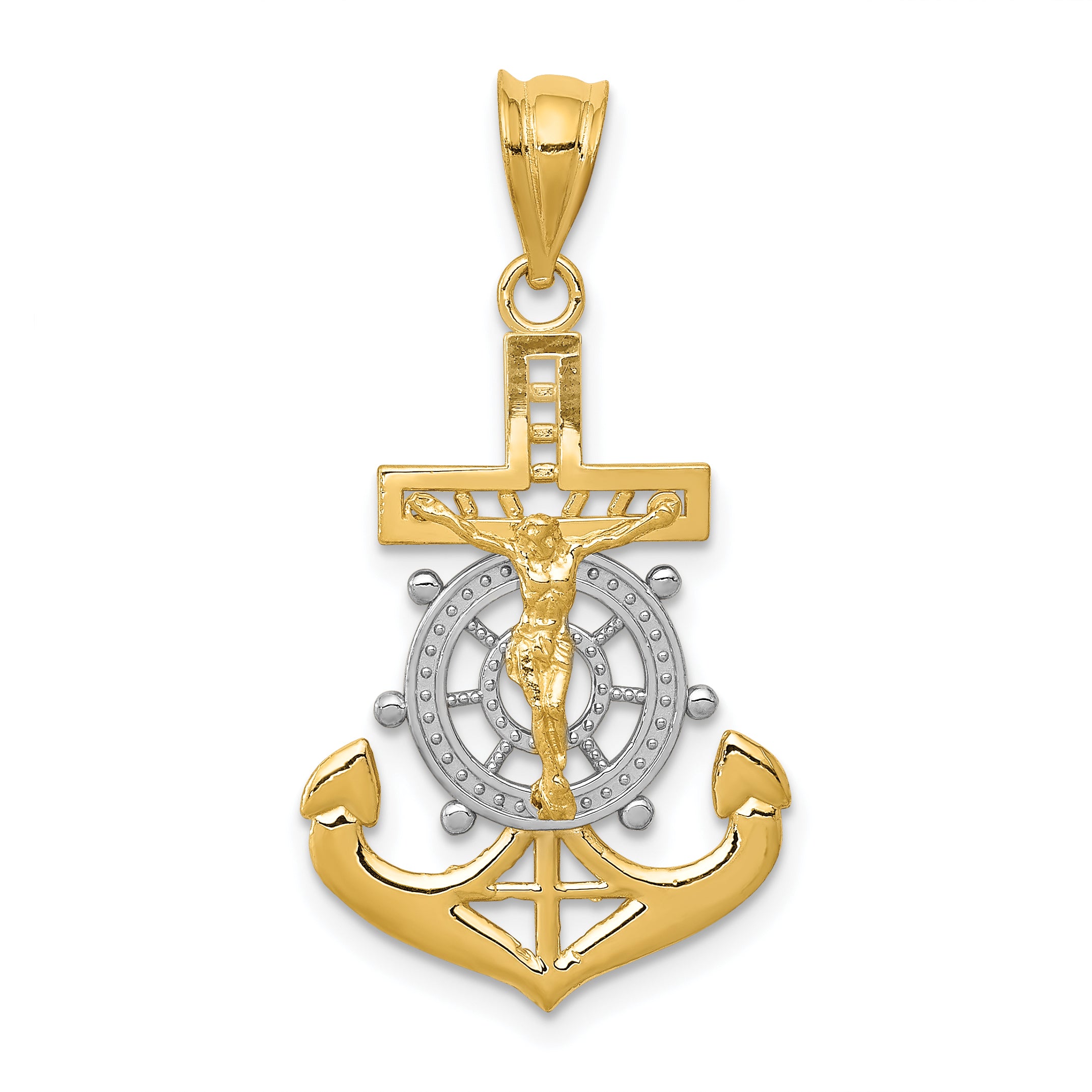 14k w/Rhodium Diamond-cut Mariners Crucifix Pendant