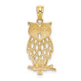 14k Yellow Gold Rhodium Diamond Cut Owl Pendant