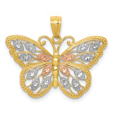 14k w/White and Rose Rhodium Diamond-cut Butterfly Pendant