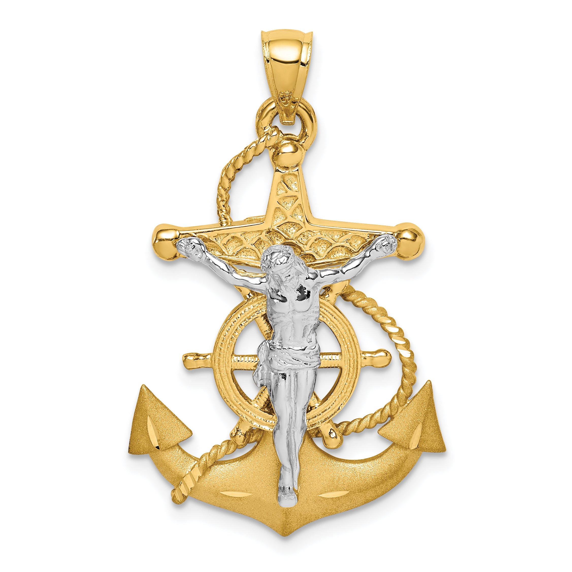 14K Two-tone Polished/Satin D/C Mariner Crucifix Pendant