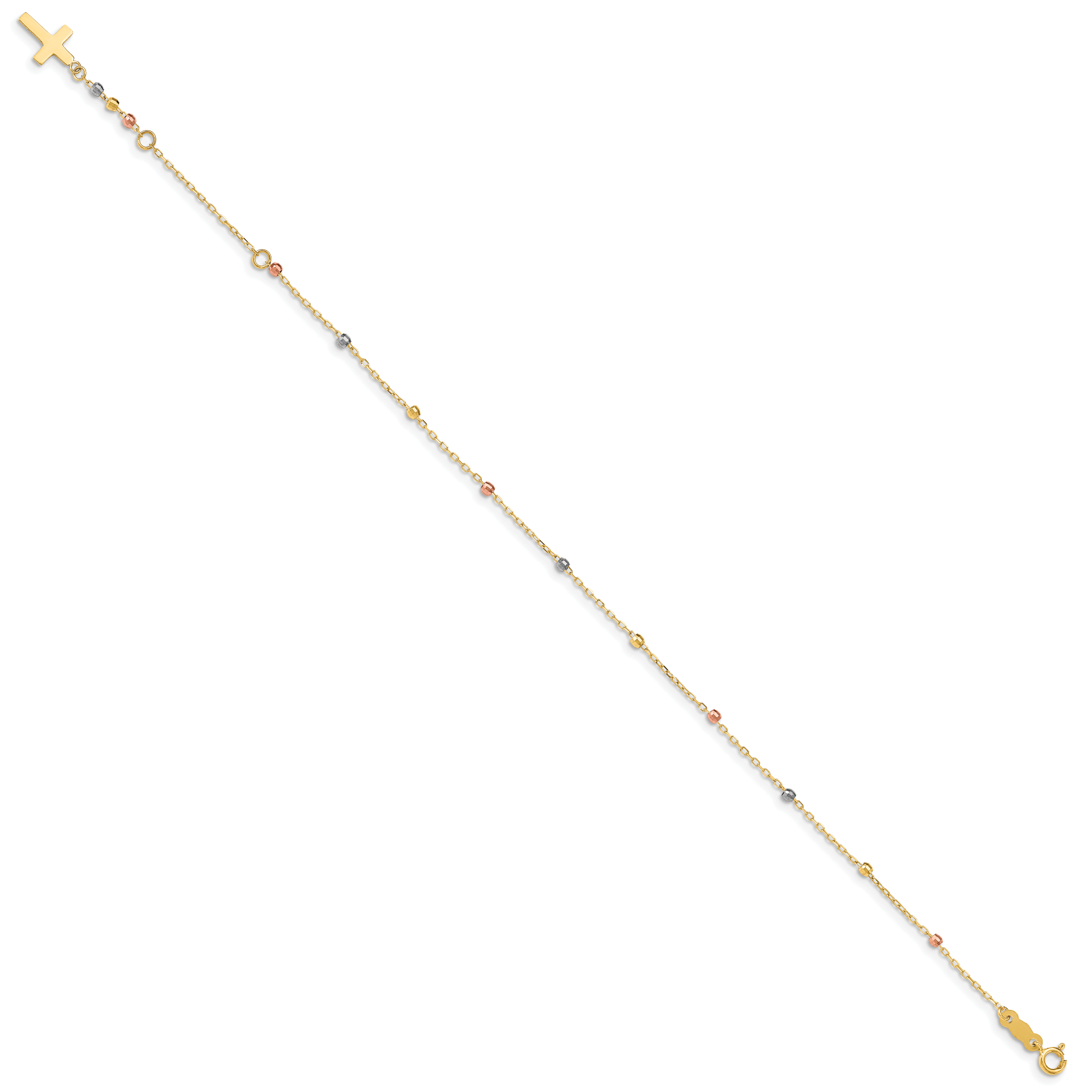 14K Tri Colored Gold Diamond Cut Beaded Cross W/1 IN Ext Bracelet
