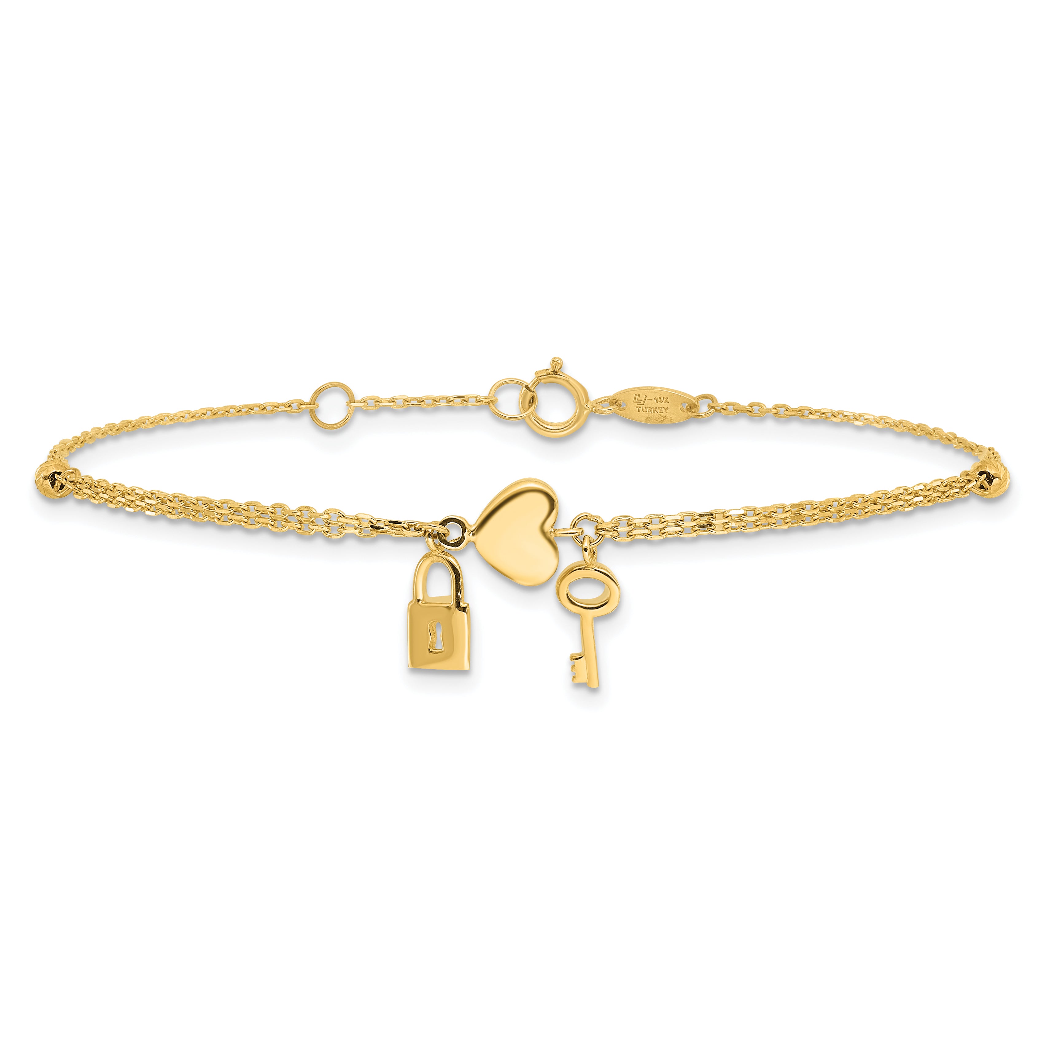 14K Polished and Diamond-cut Heart Lock and Key w/ .5in ext. Bracelet