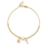 14K Polished and Diamond-cut Heart Lock and Key w/ .5in ext. Bracelet