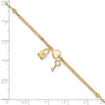 14K Polished and Diamond-cut Heart Lock and Key w/ .5in ext. Bracelet