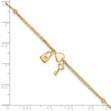 14K Polished and Diamond-cut Heart Lock and Key w/ .5in ext. Bracelet