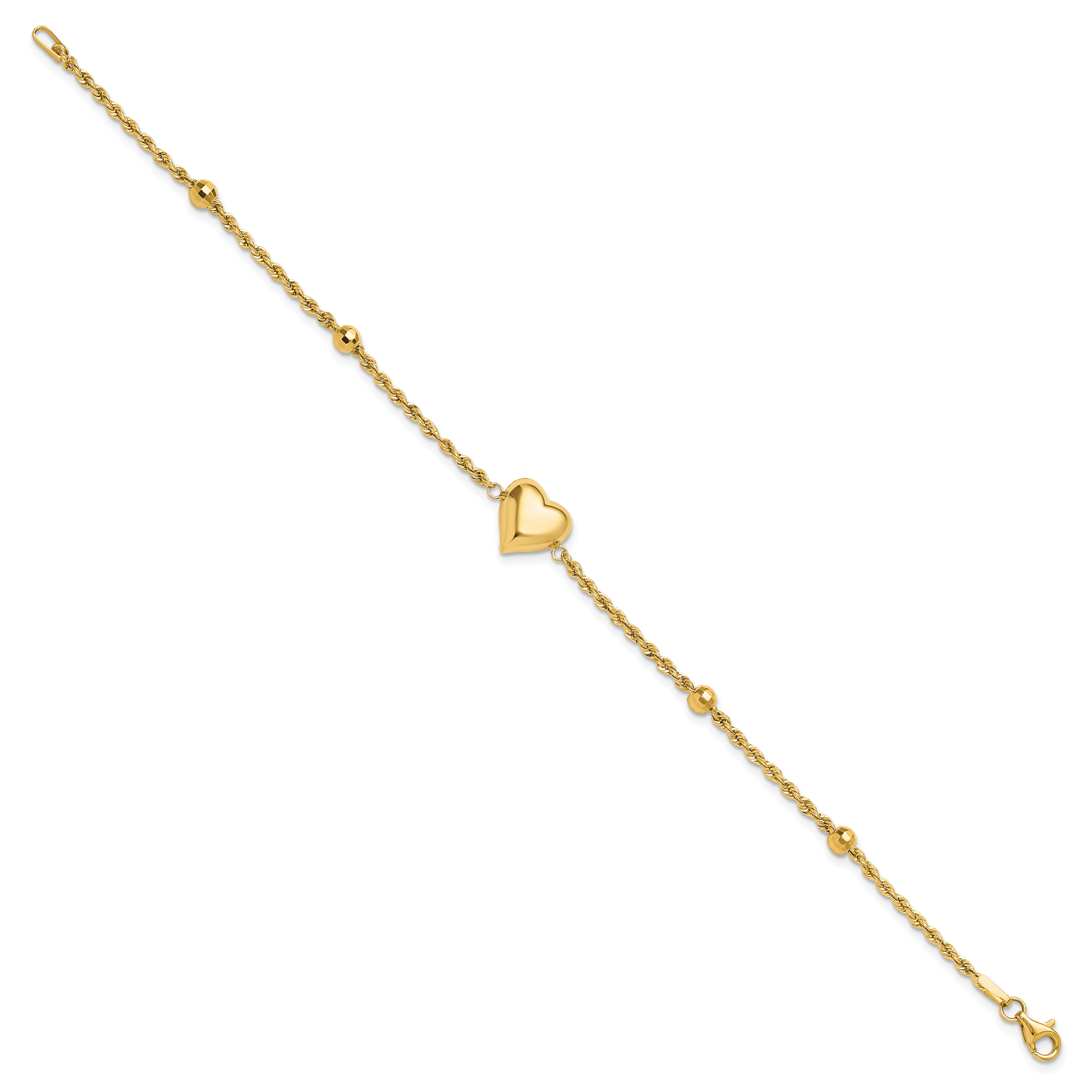 14k Polished and D/C Beaded Puff Heart 7.75in Bracelet