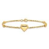 14k Polished and D/C Beaded Puff Heart 7.75in Bracelet