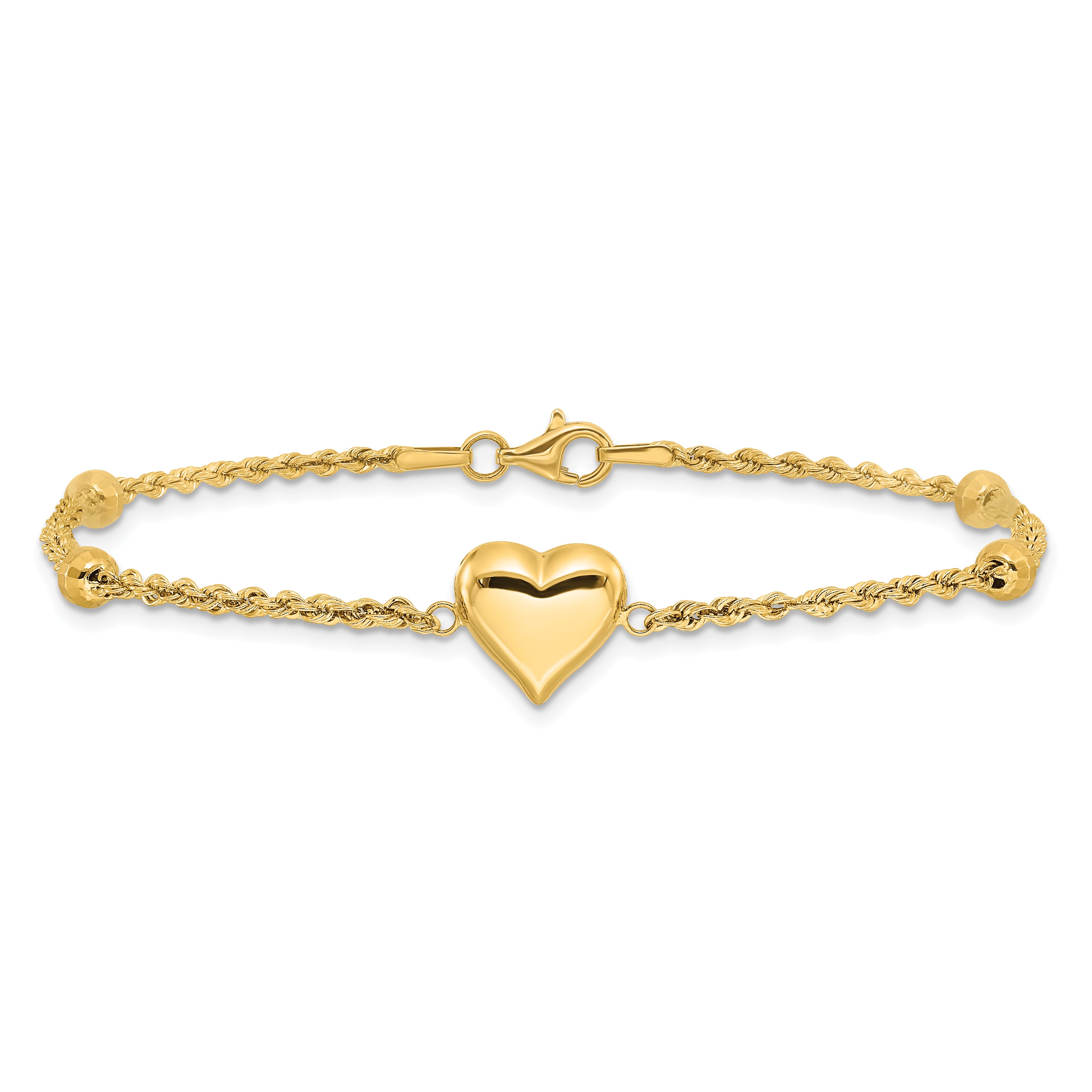 14k Polished and D/C Beaded Puff Heart 7.75in Bracelet