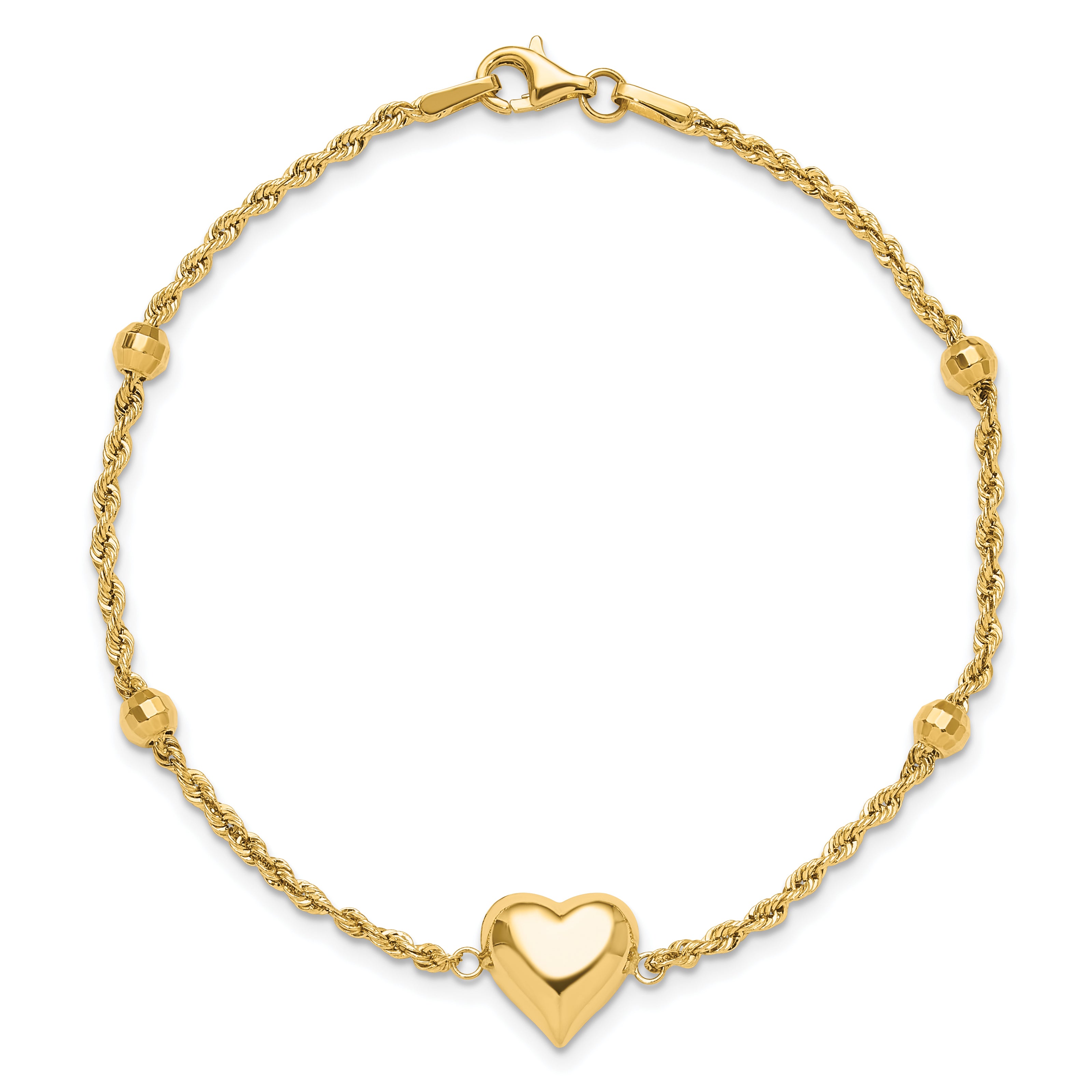 14k Polished and D/C Beaded Puff Heart 7.75in Bracelet