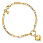 14K Polished Puff Heart Paper Clip Link Bracelet