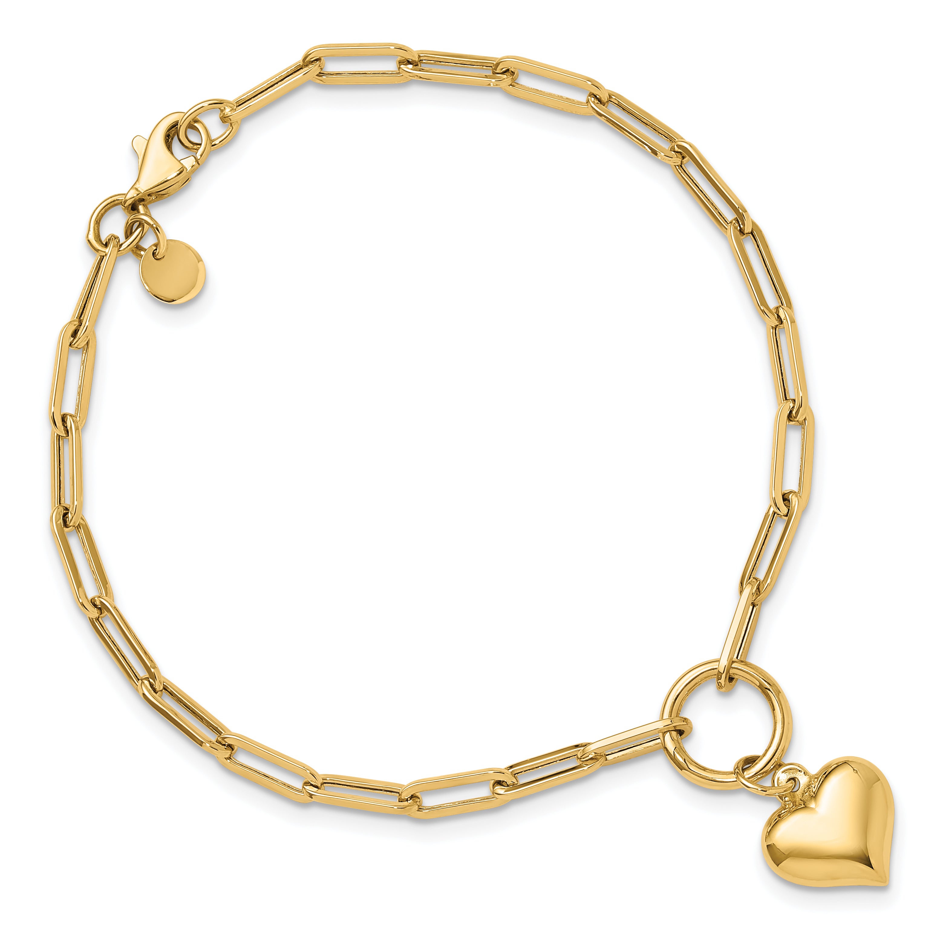 14K Polished Puff Heart Paper Clip Link Bracelet
