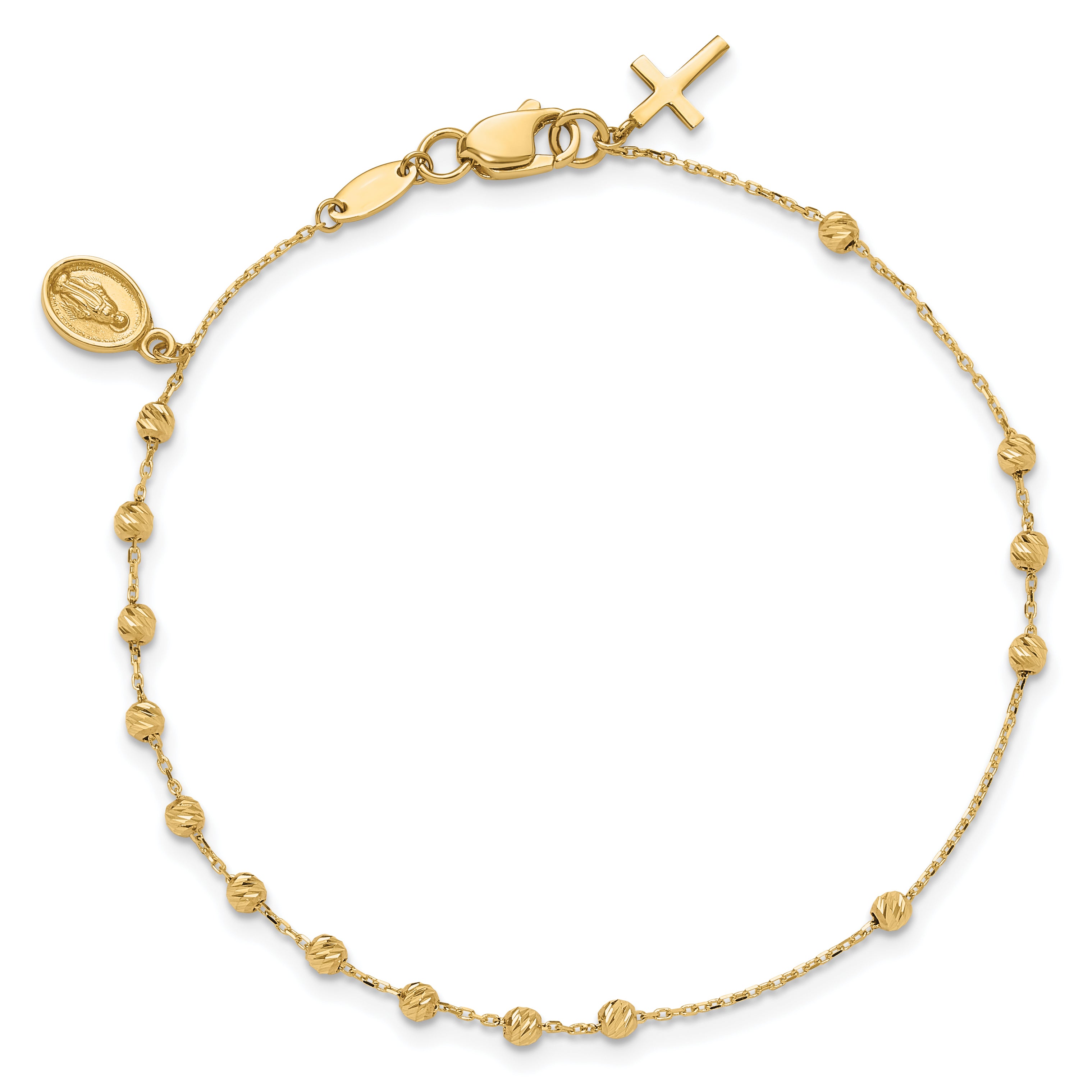 14K Polished and Diamond-cut Miraculous Medal and Cross Rosary Design Brace