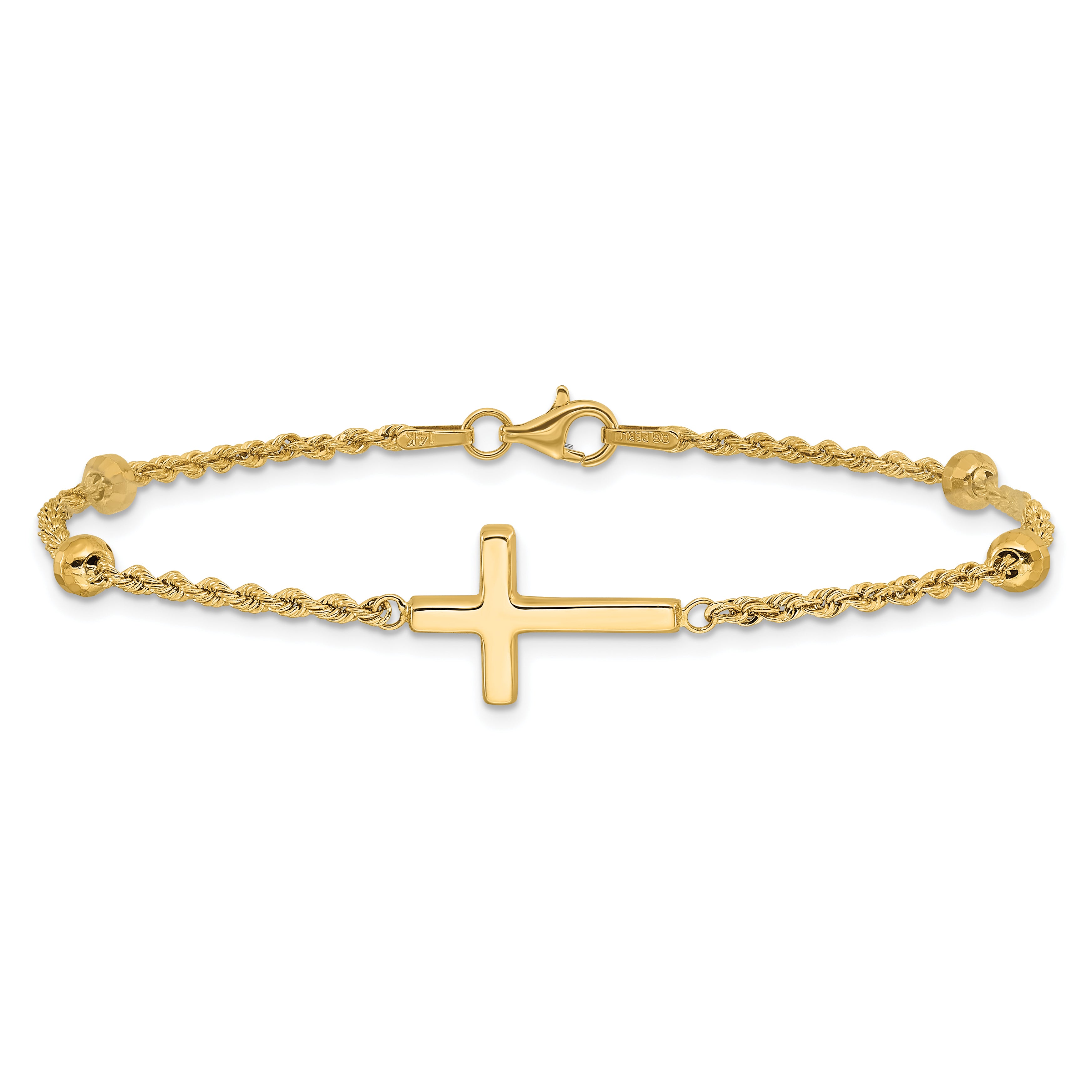 14k D/C Beaded Cross 7.5in Bracelet