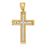 14k Polished w/Rhodium Diamond-cut Textured Fancy Cross Pendant