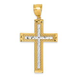 14k Polished w/Rhodium Diamond-cut Textured Fancy Cross Pendant
