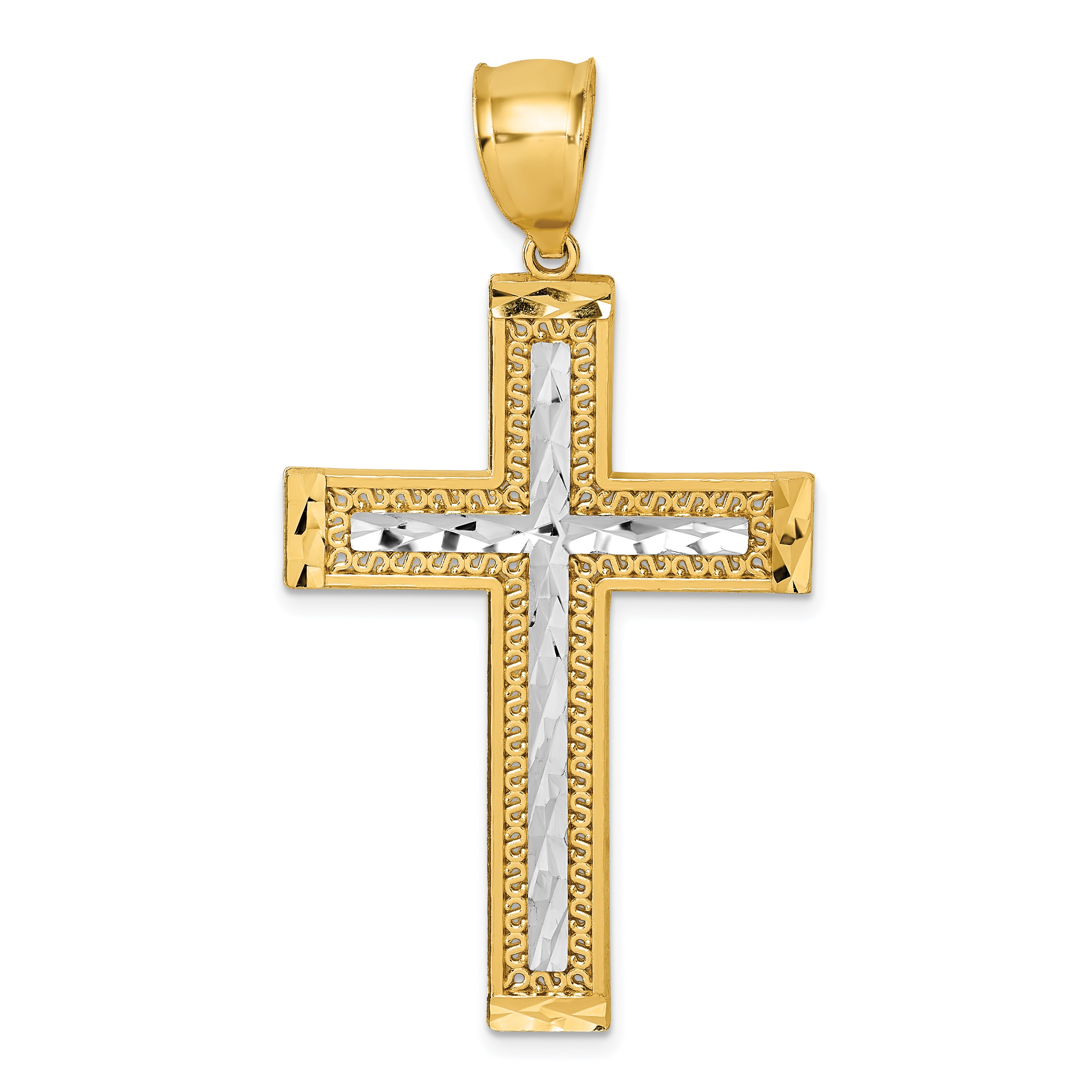 14k Polished w/Rhodium Diamond-cut Textured Fancy Cross Pendant